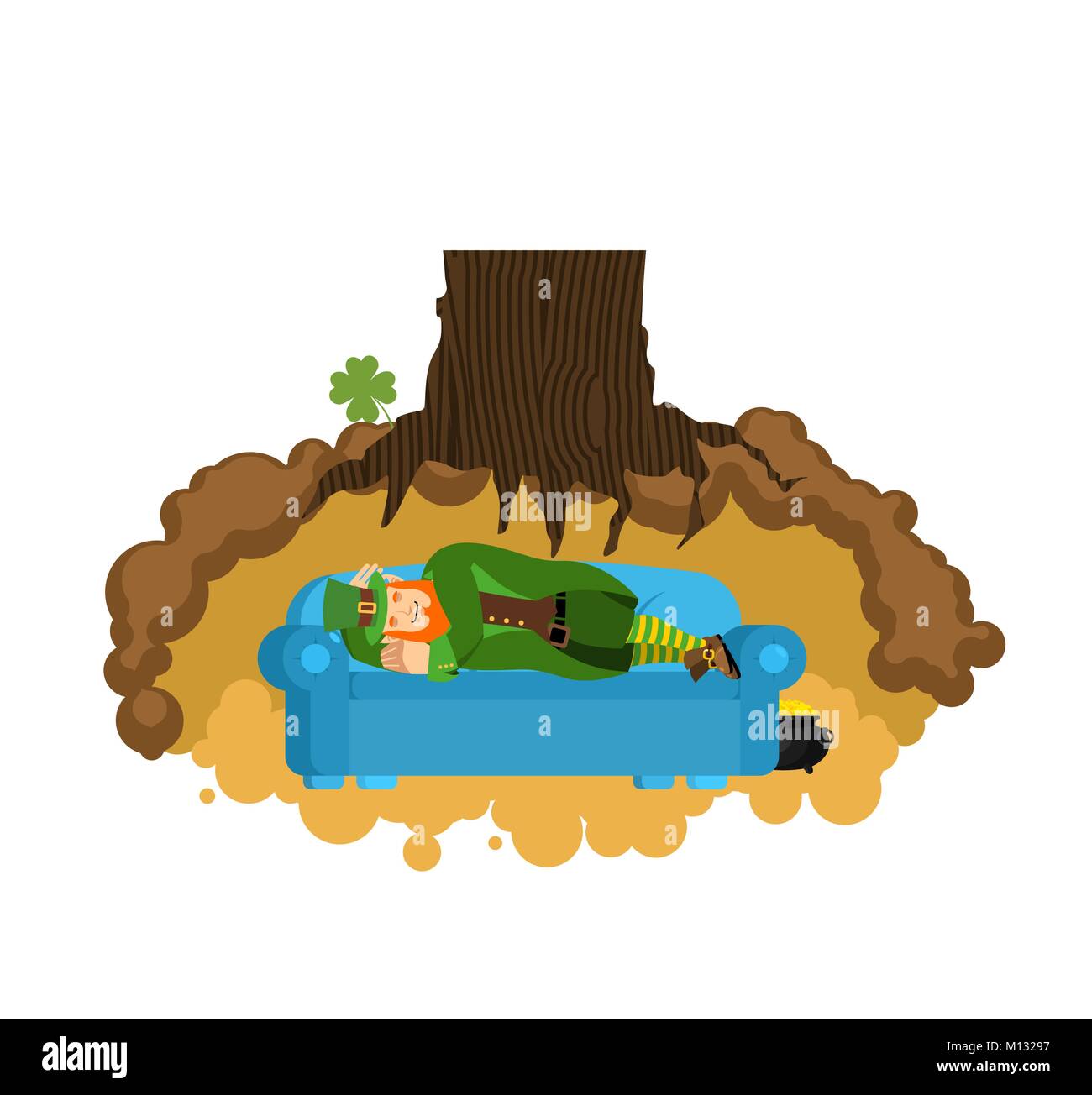 Leprechaun sleeps on couch in hole under ground. Lair of Gnome. dwarf for St.Patricks Day. national irish holiday Stock Vector