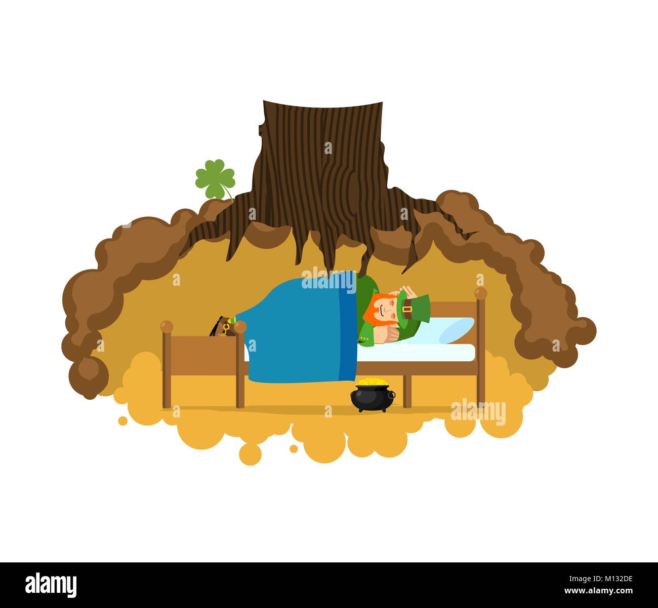 Leprechaun sleeps on bed in hole under ground. Lair of Gnome. dwarf for St.Patricks Day. national irish holiday Stock Vector
