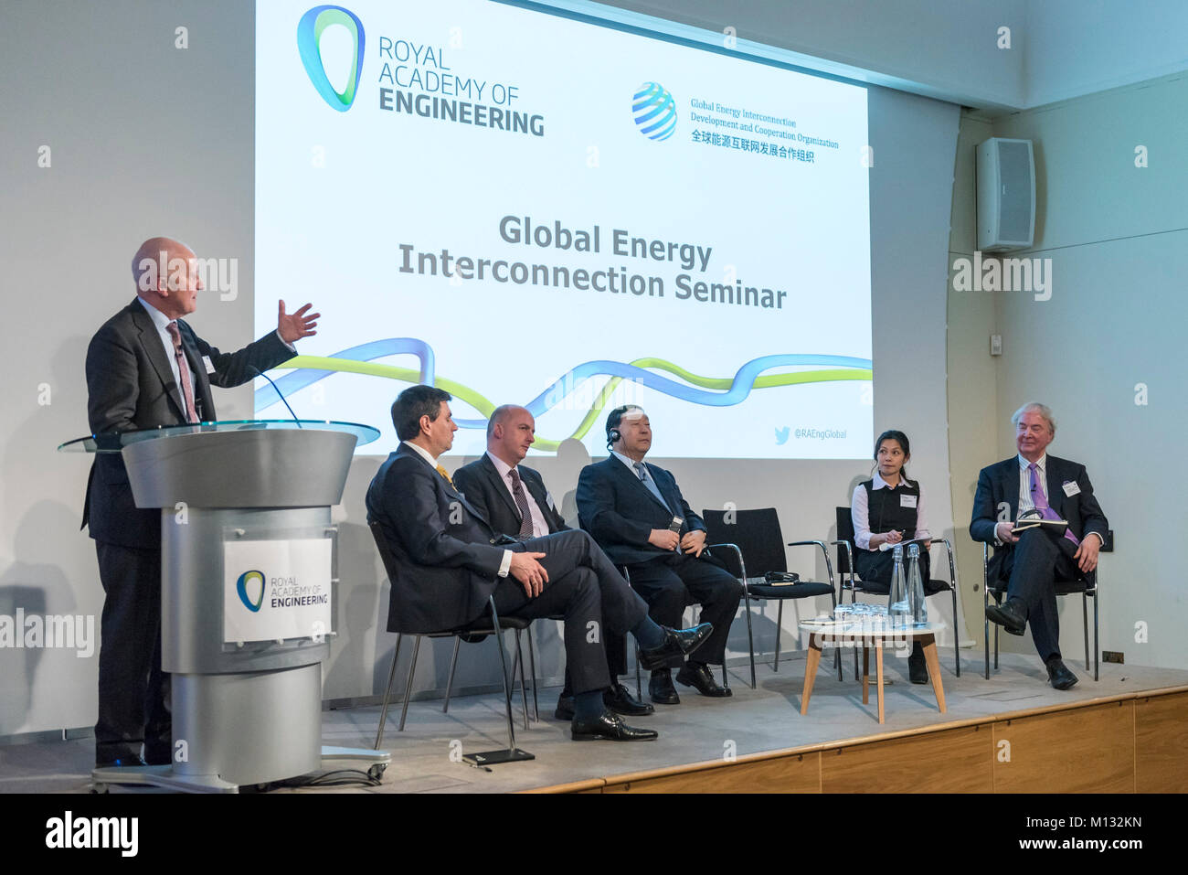 London, UK.  25 January 2018. (L to R seated) Dr Matt Cuchra, KPMG, Dr Simon Harrison, Mott MacDonald, Professor Zenhya Liu, Chairman, GEIDCO, Melissa Stock Photo