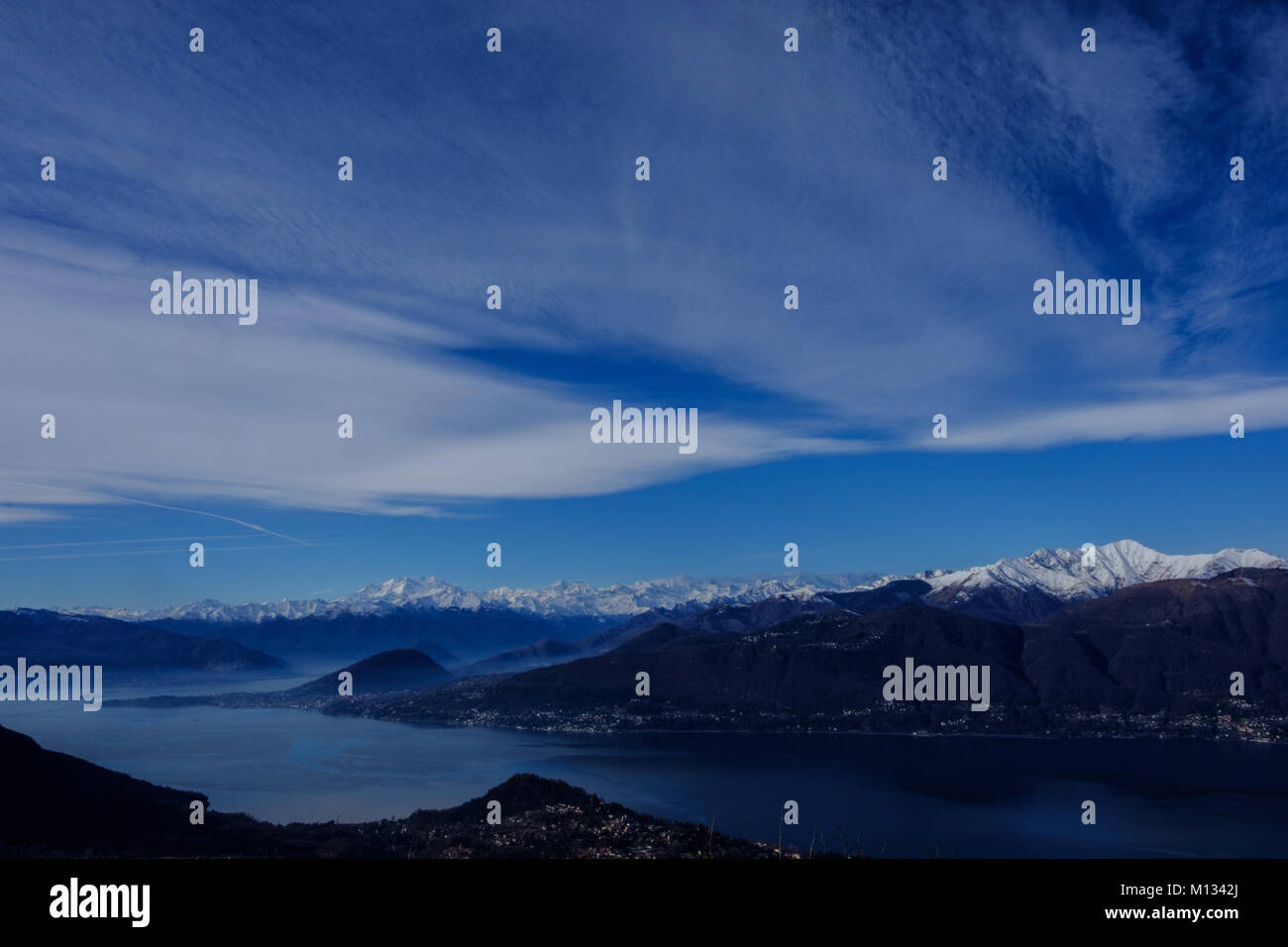Winter view of South Lake Maggiore with Mt. Rosa chain Stock Photo