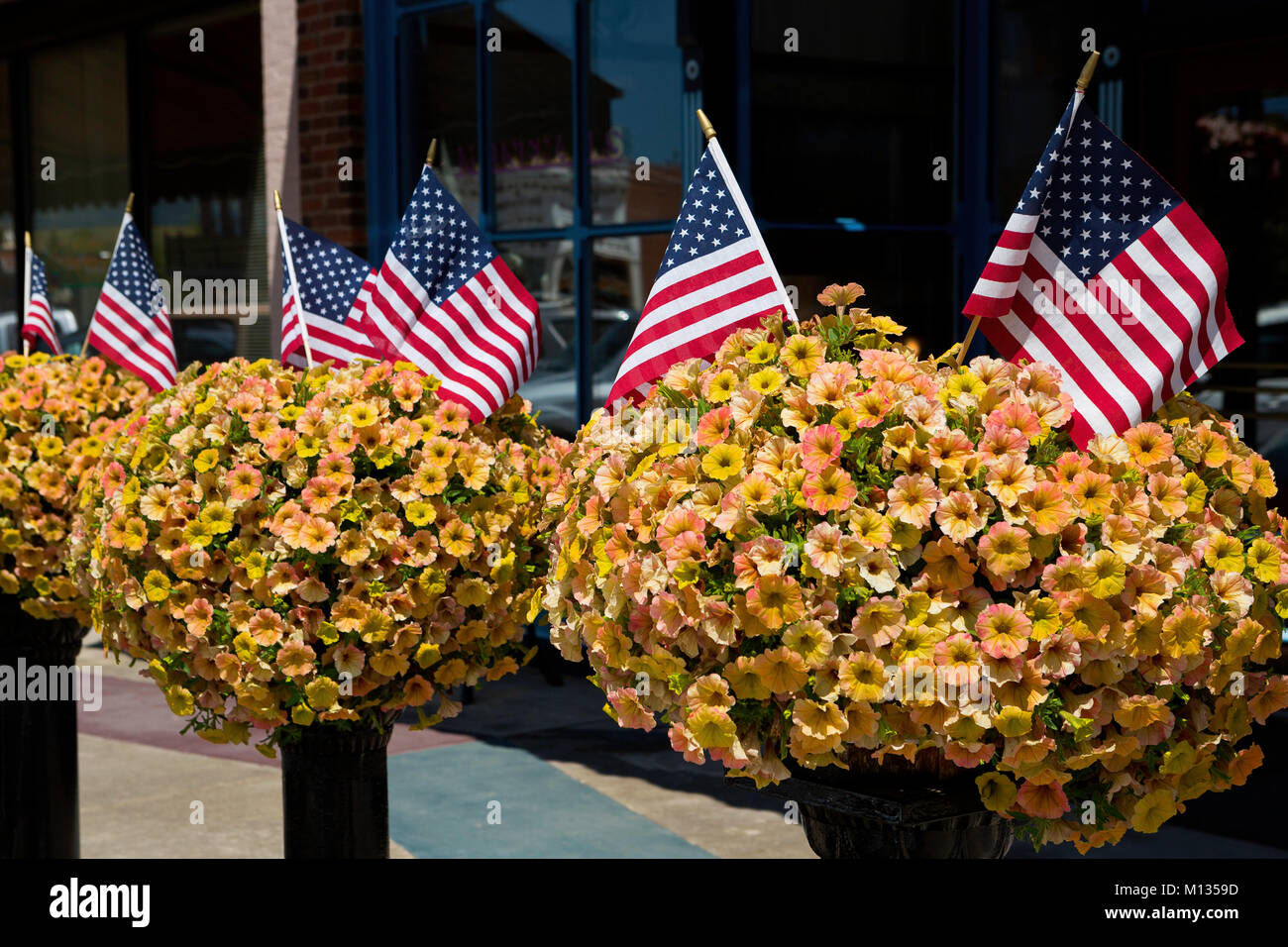 Flowers and flags in Philipsburg, Montana. USA Stock Photo