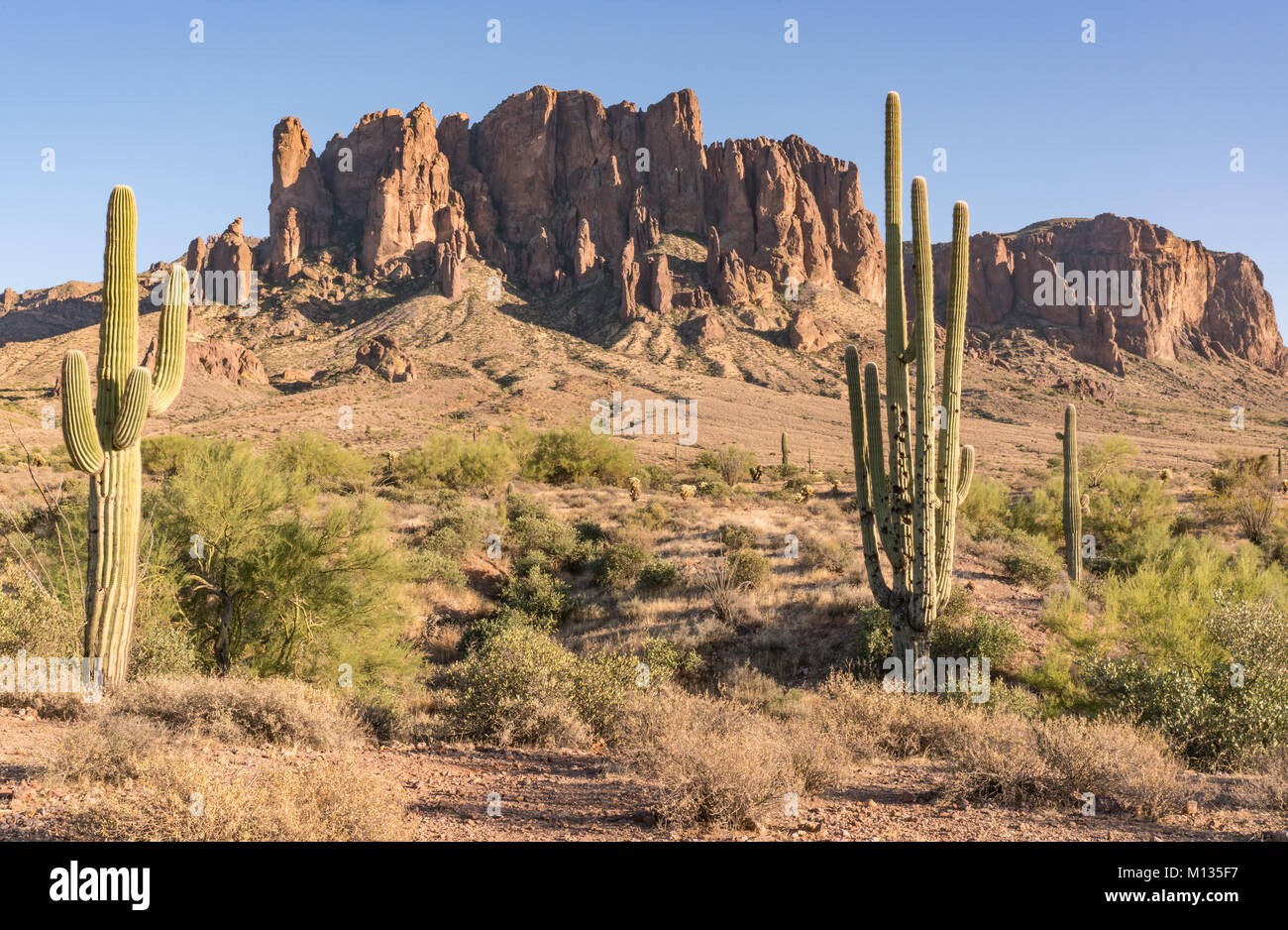 Superstition Mountains in Lost Dutchman State Park outside of Phoenix, Arizona Stock Photo