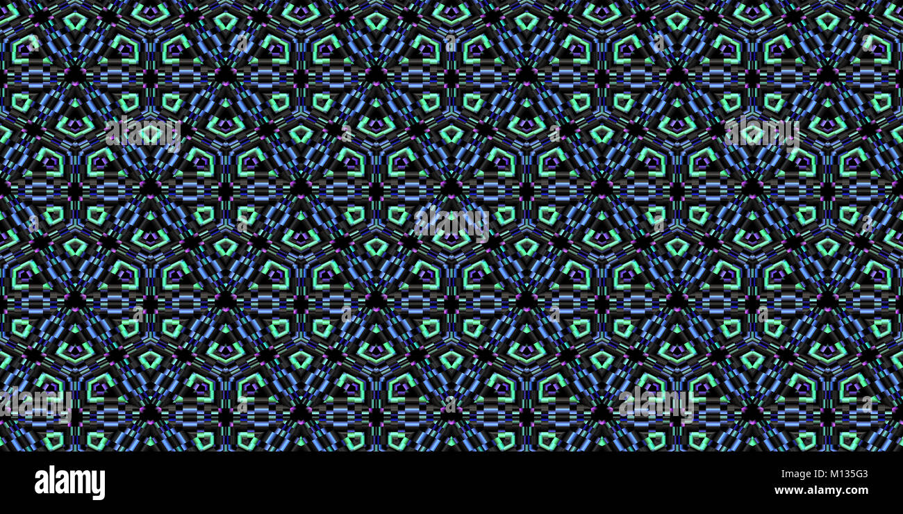 Blue Seamless Symmetrical Geometry Pattern. Mosaic Graphic Ornament Background. Abstract Fractal Surface Texture. Stock Photo