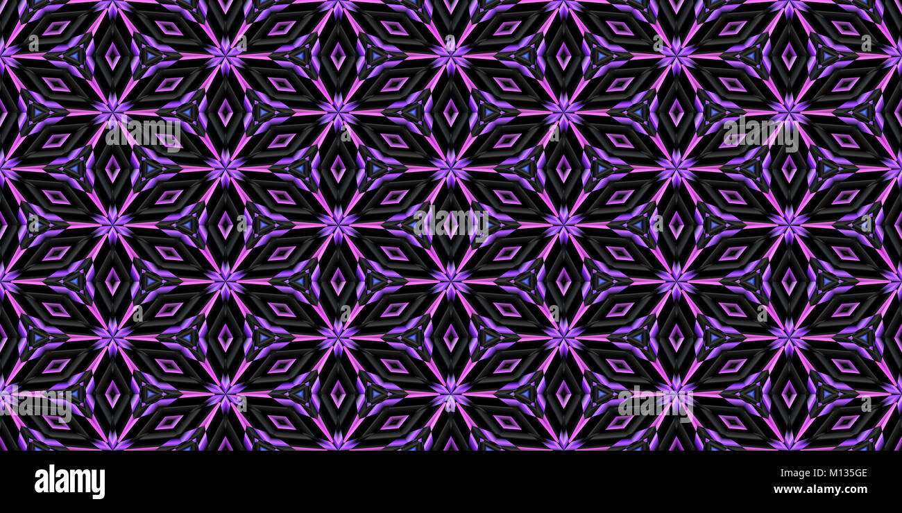 Lilac Seamless Symmetrical Geometry Pattern. Mosaic Graphic Ornament Background. Abstract Fractal Surface Texture. Stock Photo