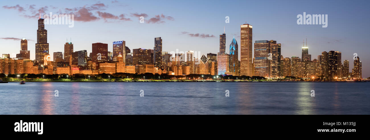 CHICAGO, IL - SEPTEMBER 17, 2017: Chicago Skyline at dusk across Lake Michigan Stock Photo
