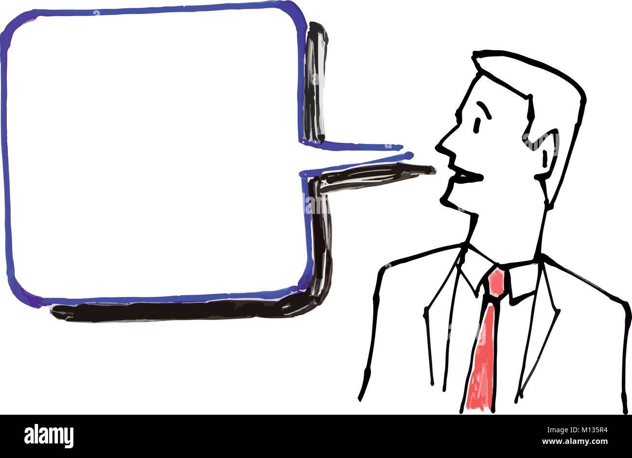 A business man wearing a red tie and suit looking off to the left towards a speech bubble with space for copy in the style of a whiteboard drawing Stock Vector