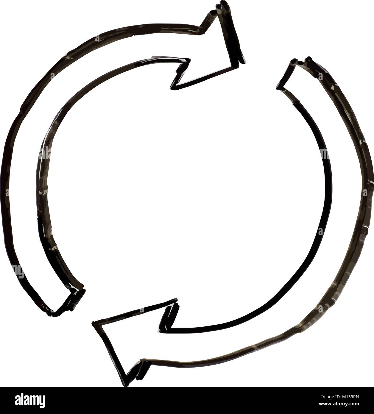An illustration of two half circles with arrow heads spinning or turning or rotating clockwise in the style of a white board drawing Stock Vector