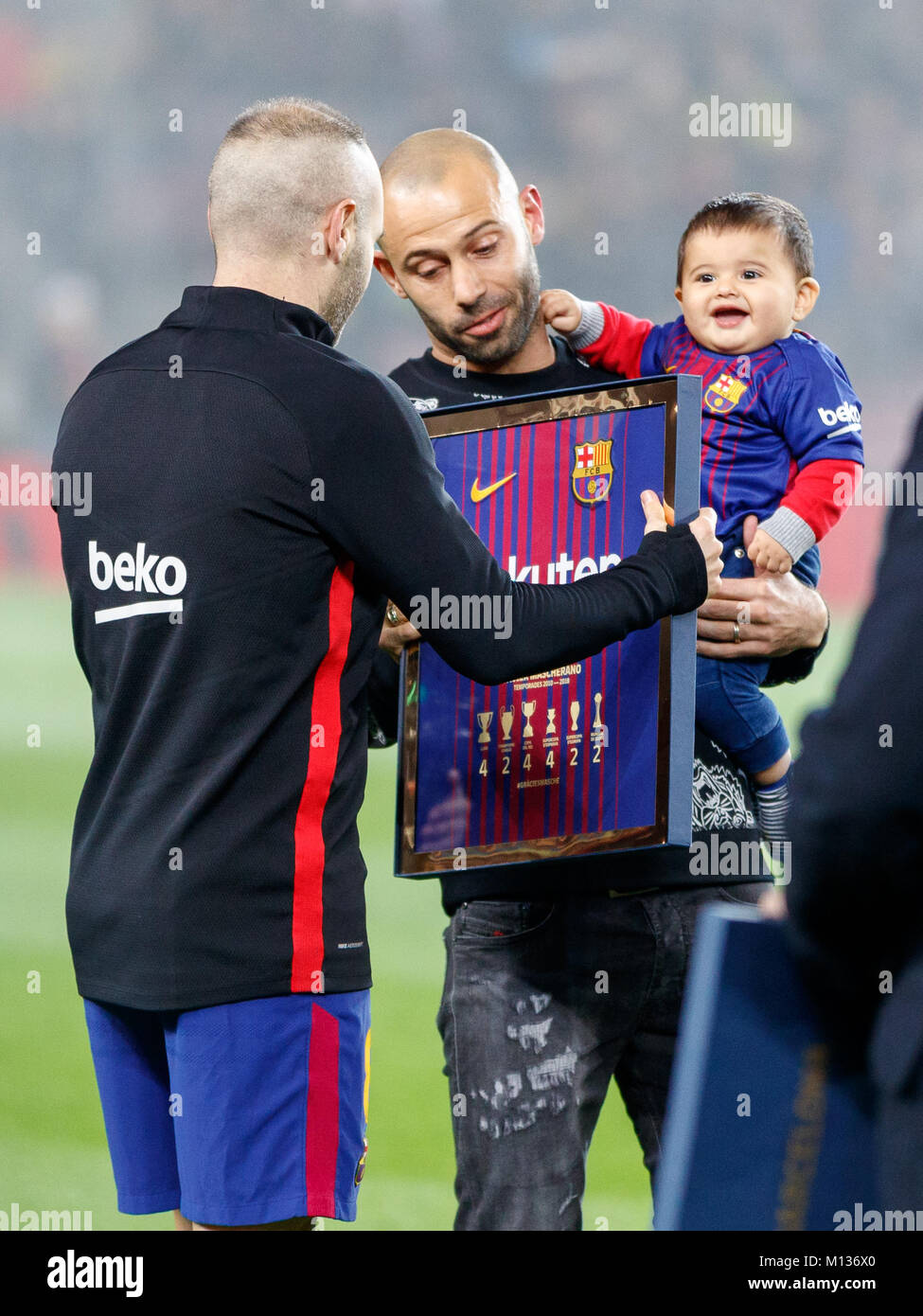 Barcelona, Spain. 25th January, 2018.  Copa del Rey football, quarter final, second leg, Barcelona versus Espanyol; Andres Iniesta gives a shirt to Mascherano as a present Credit: UKKO Images/Alamy Live News Stock Photo