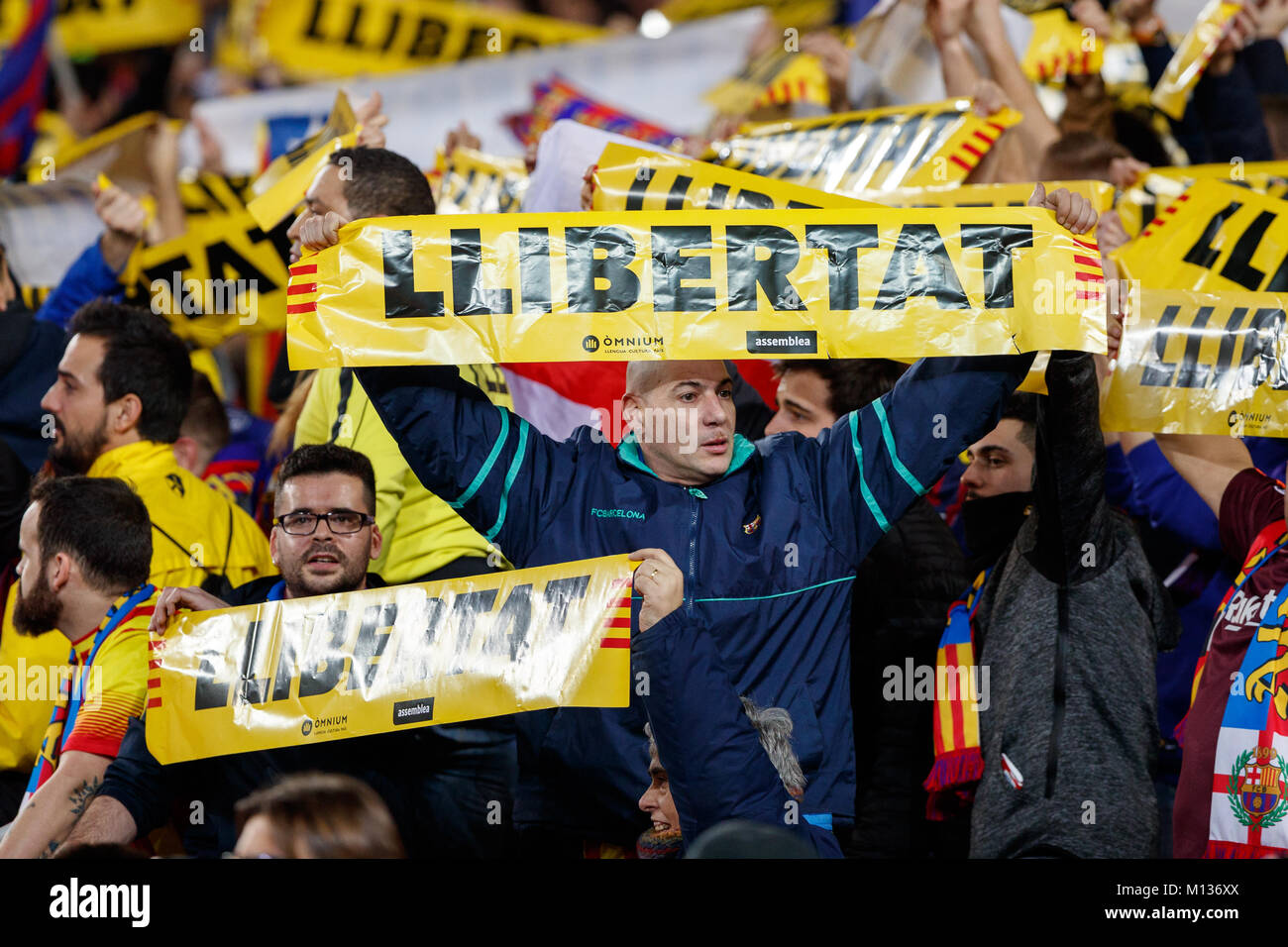Barcelona, Spain. 25th January, 2018.  Copa del Rey football, quarter final, second leg, Barcelona versus Espanyol; FC Barcelona supporters with freedom banners Credit: UKKO Images/Alamy Live News Stock Photo