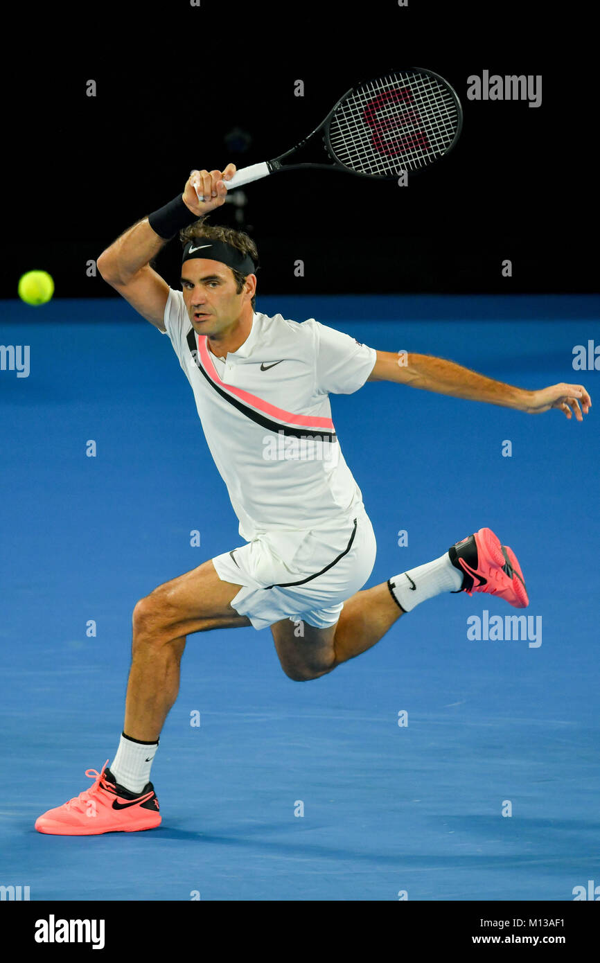 Melbourne, Australia. 26th Jan, 2018. Number two seed Roger Federer of Switzerland in action in a Semifinals match against Hyeon Chung of South Korea on day twelve of the 2018 Australian Open Grand Slam tennis tournament in Melbourne, Australia. Federer won 61 52 retired. Sydney Low/Cal Sport Media/Alamy Live News Stock Photo