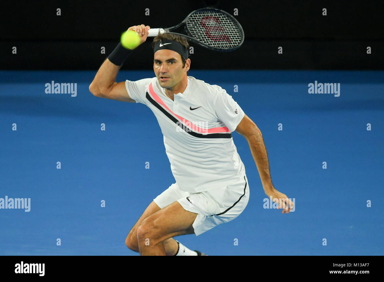 Melbourne, Australia. 26th Jan, 2018. Number two seed Roger Federer of  Switzerland in action in a Semifinals match against Hyeon Chung of South  Korea on day twelve of the 2018 Australian Open