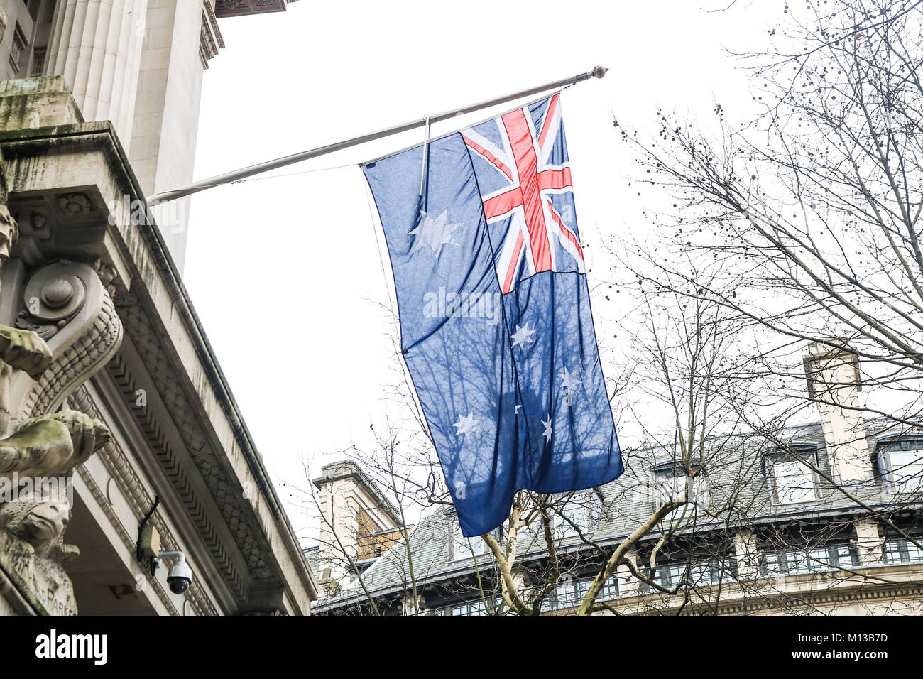 London UK. 26th January 2018. Flags hang outside the Australian High Commission in London on Australia Day the official national day of Australia which is celebrated annually on 26 January marking  the anniversary of the 1788 arrival of the First Fleet of British ships at Port Jackson, New South Wales Credit: amer ghazzal/Alamy Live News Stock Photo