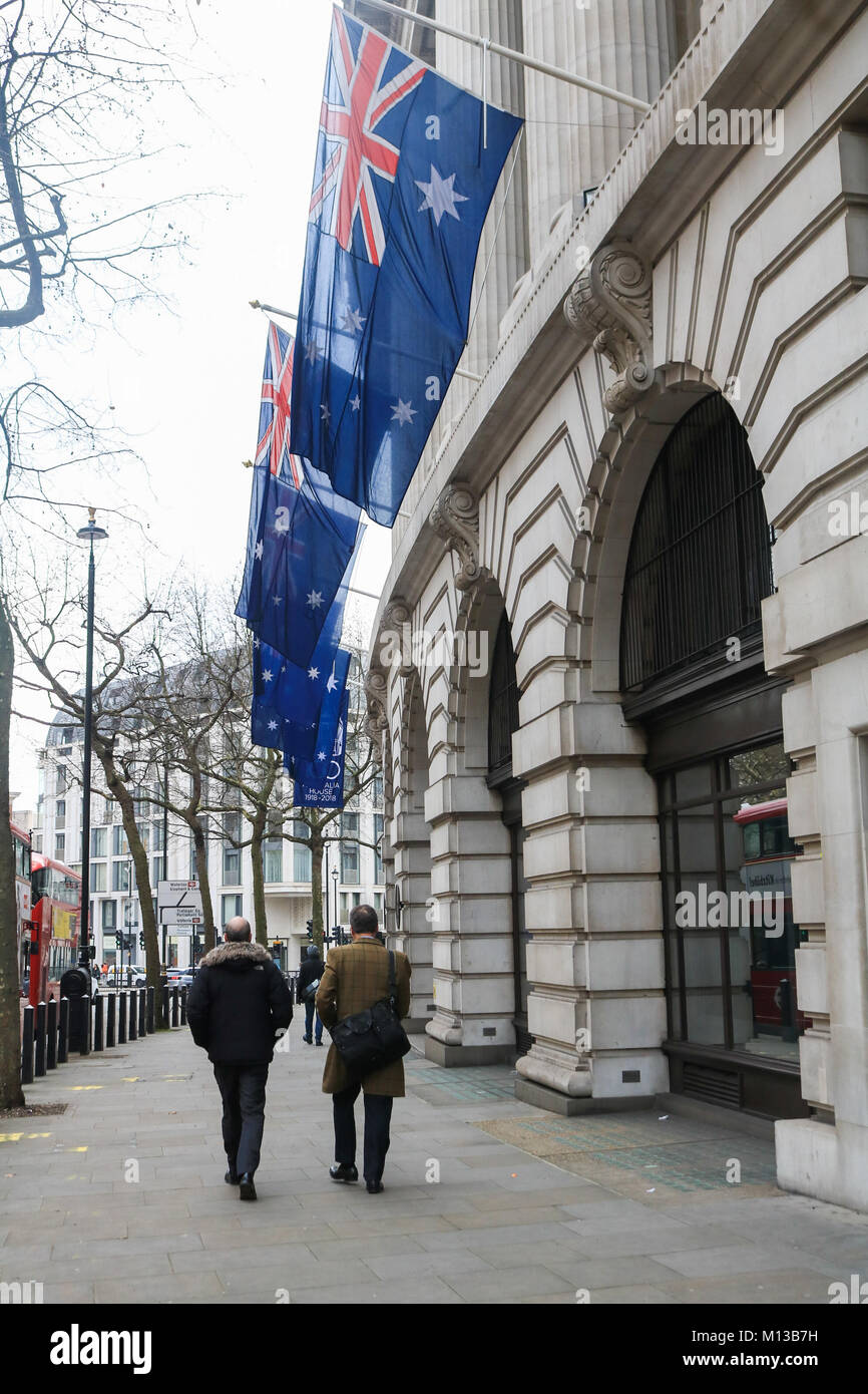 London UK. 26th January 2018. Flags hang outside the Australian High Commission in London on Australia Day the official national day of Australia which is celebrated annually on 26 January marking  the anniversary of the 1788 arrival of the First Fleet of British ships at Port Jackson, New South Wales Credit: amer ghazzal/Alamy Live News Stock Photo