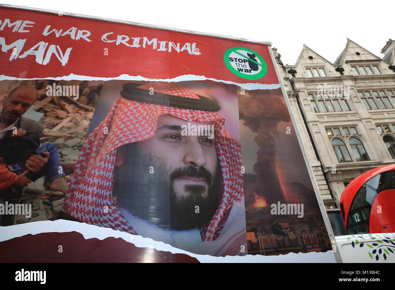 London UK.26th January 2018. An advertising van sponsored by Stop the War and  the Arab Organization for Human Rights in the UK against the visit to Britain of Crown Prince Mohammad Bin Salman Al Saud heir apparent to the Saudi throne due to the human rights violations cited by Amnesty International against  Saudi Arabia in its  intervention in the ongoing civil war in Yemen Credit: amer ghazzal/Alamy Live News Stock Photo