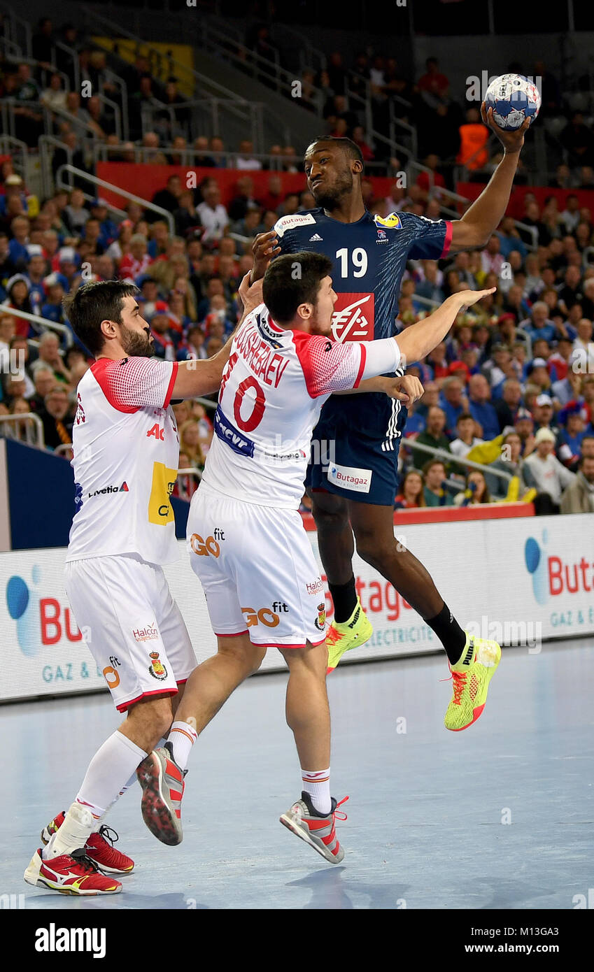 Zagreb, Croatia. 26th Jan, 2018. France's Luc Abalo (R) in action against  Spain's Alex Dujshebaev (C) and Raul Entrerrios during the European Men's  Handball Championship match between France and Spain in Zagreb,