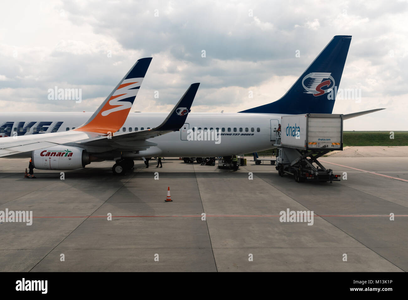 Prague, Czech Republic - August 22, 2017: Airplanes in runway of Vaclav Havel Prague Airport Stock Photo