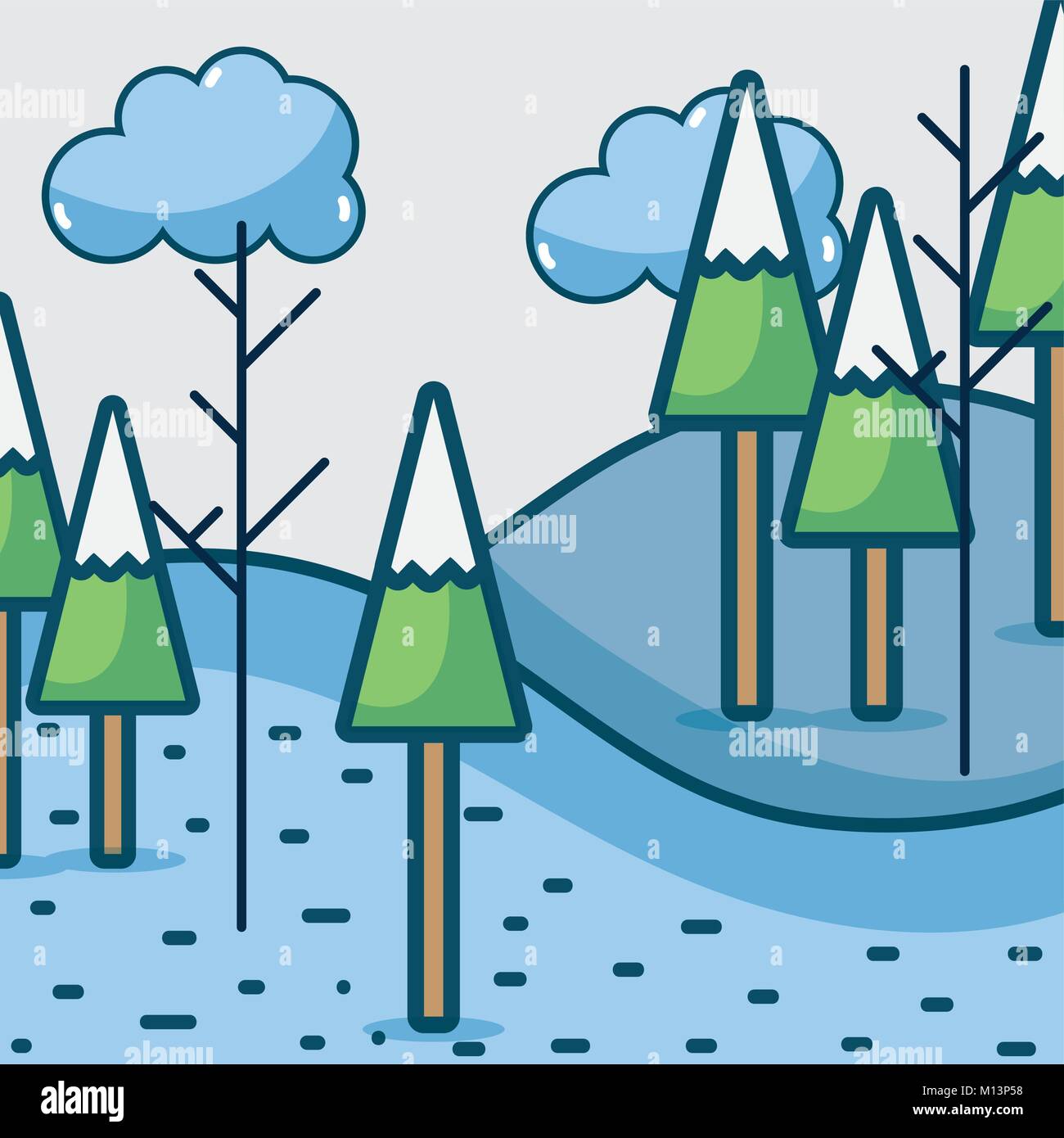 winter pine trees with clouds season vector illustration Stock Vector ...