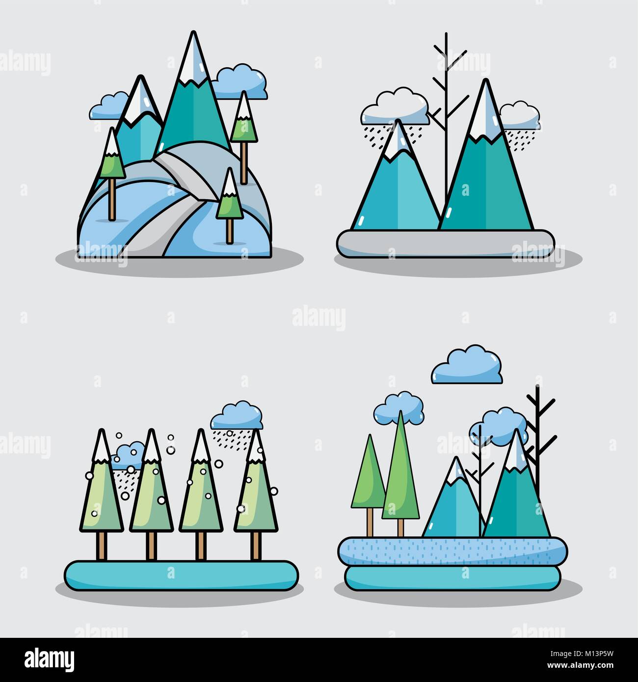 set winter season with pine tree clouds vector illustration Stock ...
