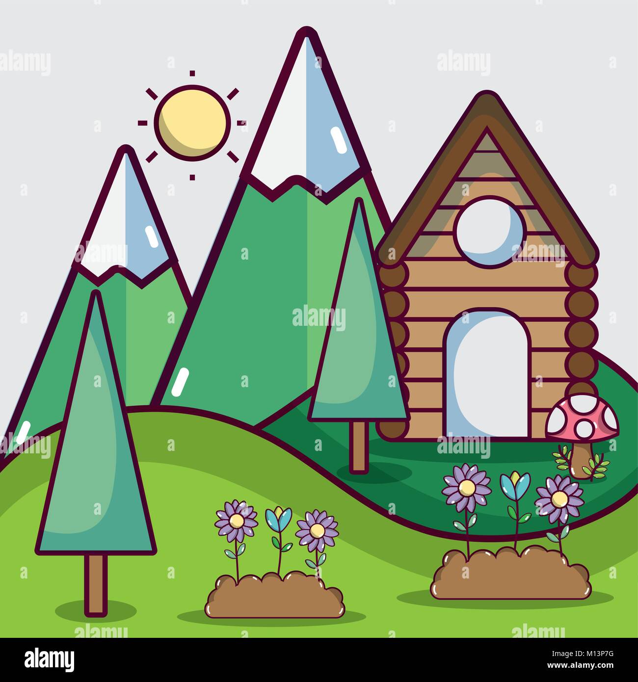 springs weather with pine trees and cabin vector illustration Stock