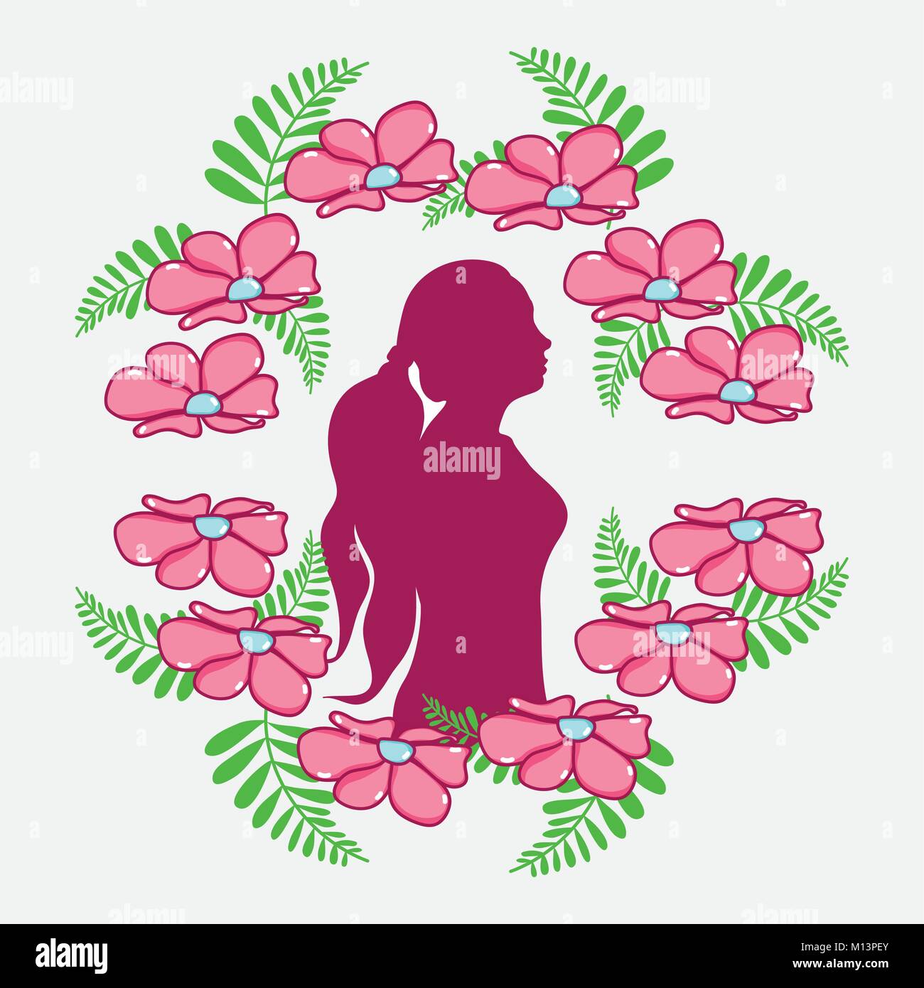 womens day with flowers and woman silhouette Stock Vector