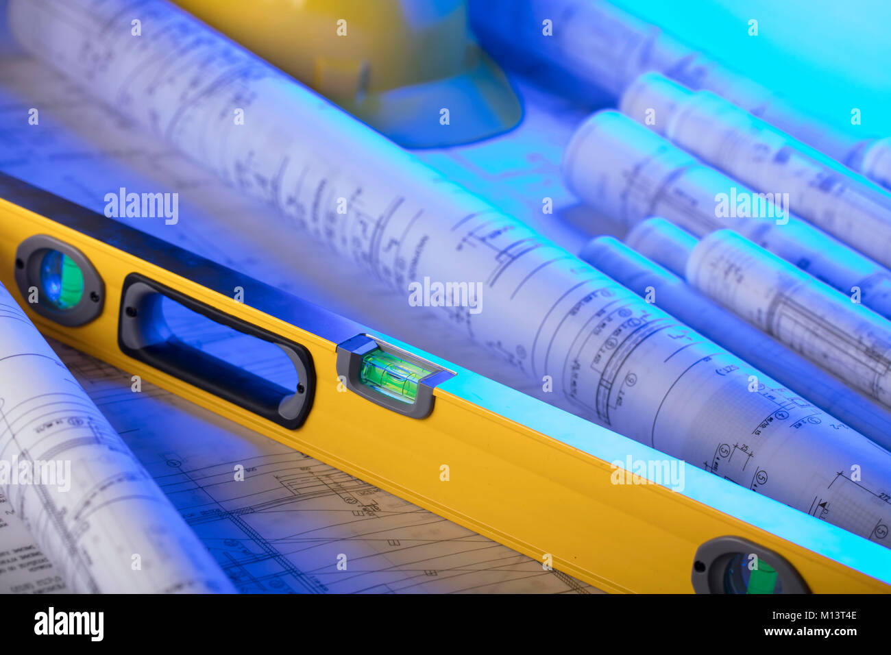 Contructor concept background. Blueprints, hardhat, level, ruler ...