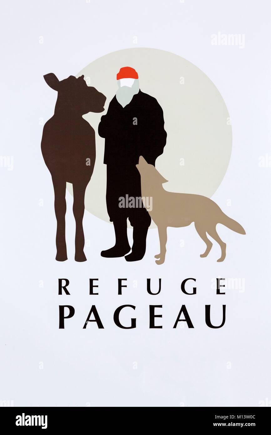 Canada, Province of Quebec, Abitibi-Témiscamingue Region, Amos, Pageau Hut, Zoological Park, sign at the entrance representing the creator of the Michel Pageau Refuge Stock Photo