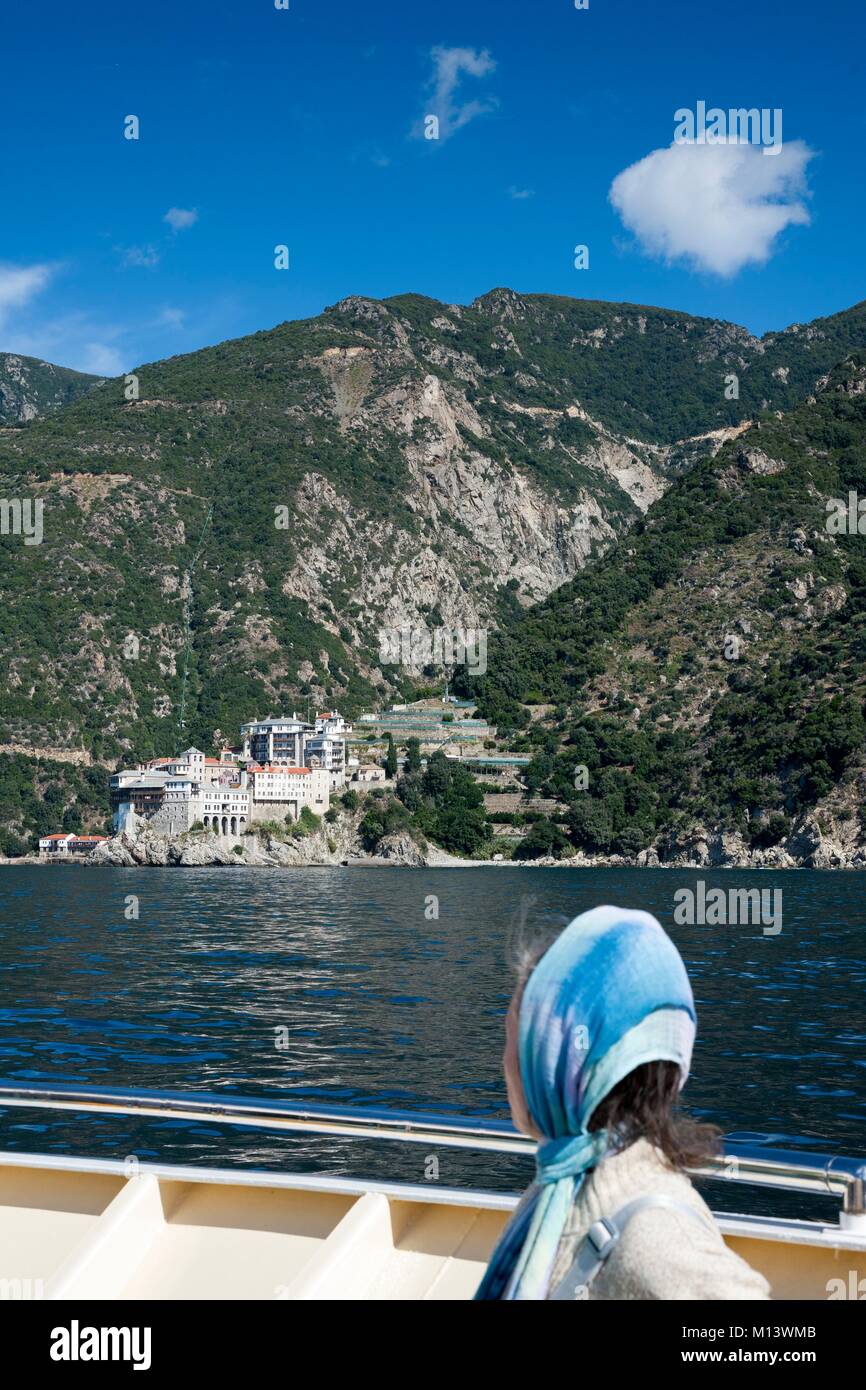 Greece, Chalkidiki, Mount Athos Peninsula listed as World Heritage Site by UNESCO, Osiou Gregoriou Monastery Stock Photo