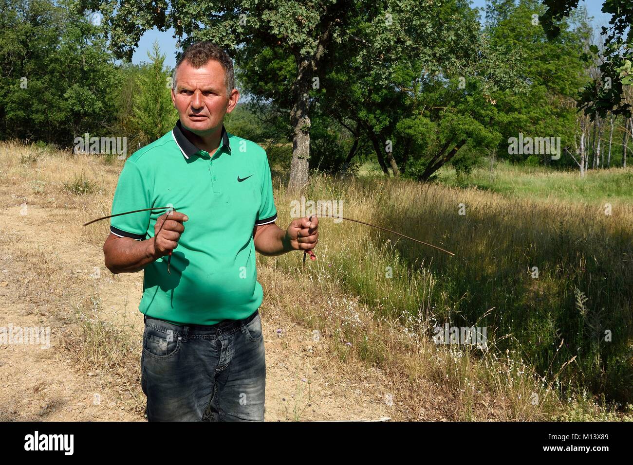 France, Var, Provence Verte (Green Provence), Bras, estate of the guest house Le Peyrourier, the dowser and trufficulteur Philippe Boit searches for water using his copper wands Stock Photo