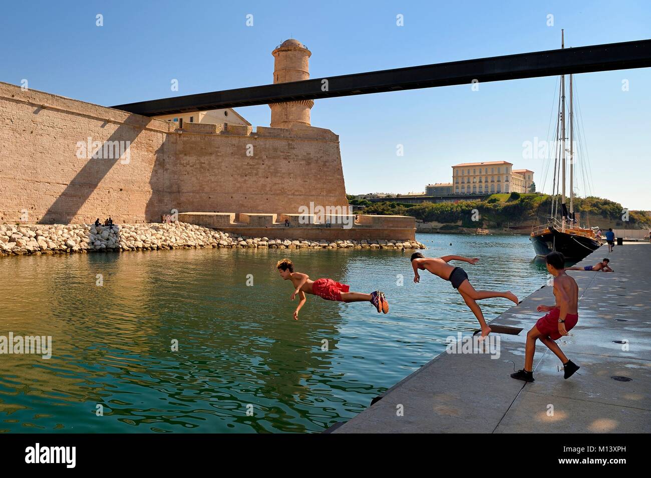 France, Bouches du Rhone, Marseille, La Joliette district, swimming area  for neighborhood children at the foot of Fort Saint Jean linked to the  MuCEM (Museum of Civilizations of Europe and the Mediterranean)