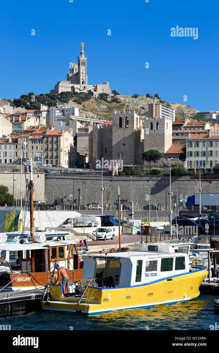 France, Bouches du Rhone, Marseille, the Vieux Port, Saint Victor abbey and Notre Dame de la Garde in the background Stock Photo
