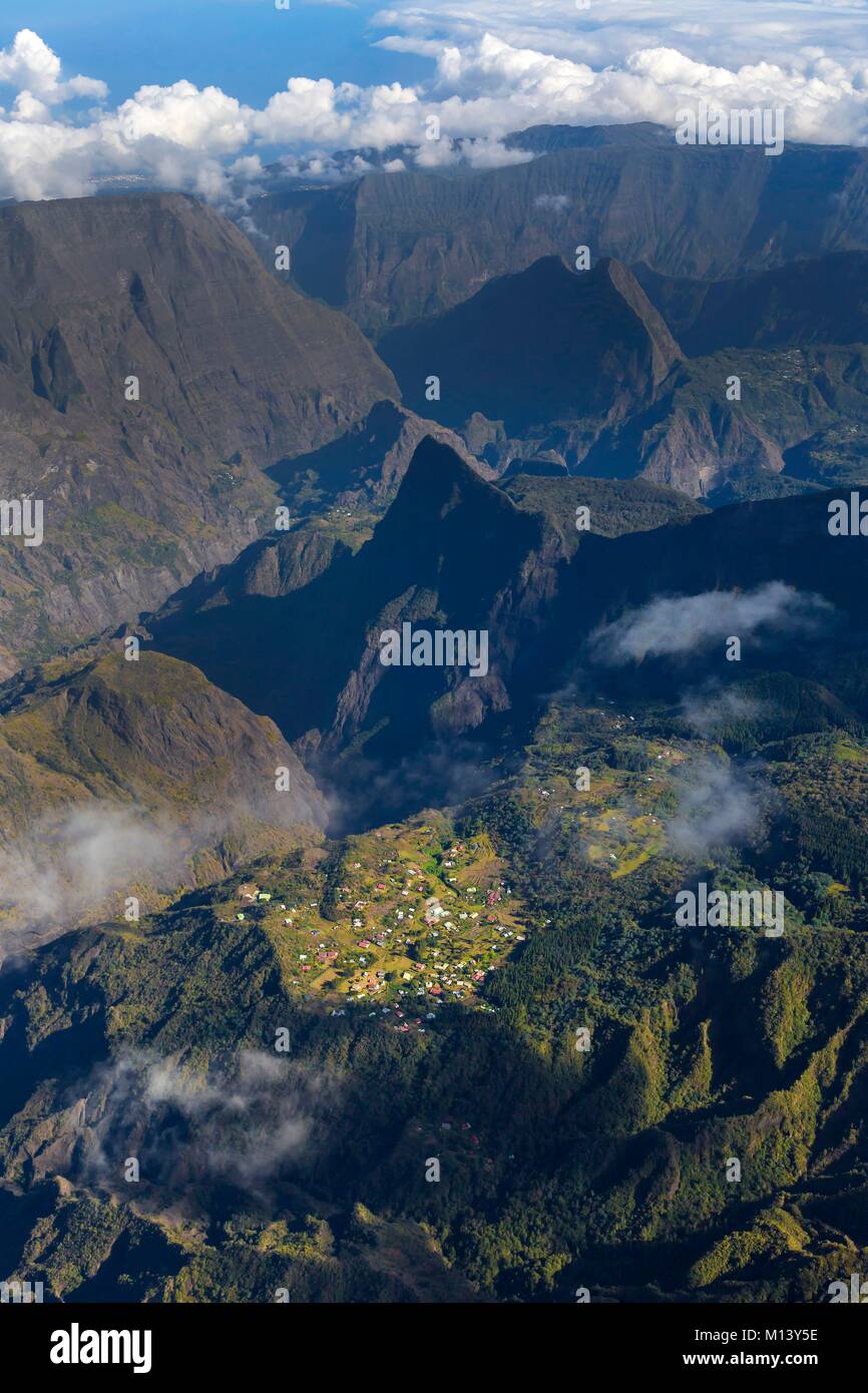 France, Reunion island, Reunion National Park listed as World Heritage by UNESCO, Piton des Neiges and Mafate circle, La Nouvelle Ilet (aerial view) Stock Photo