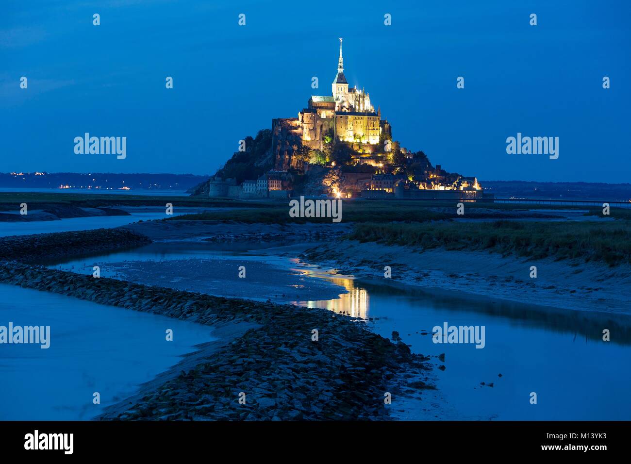 France, Manche, Mont Saint Michel bay listed as World Heritage by UNESCO, Mont Saint Michel and Couesnon river Stock Photo