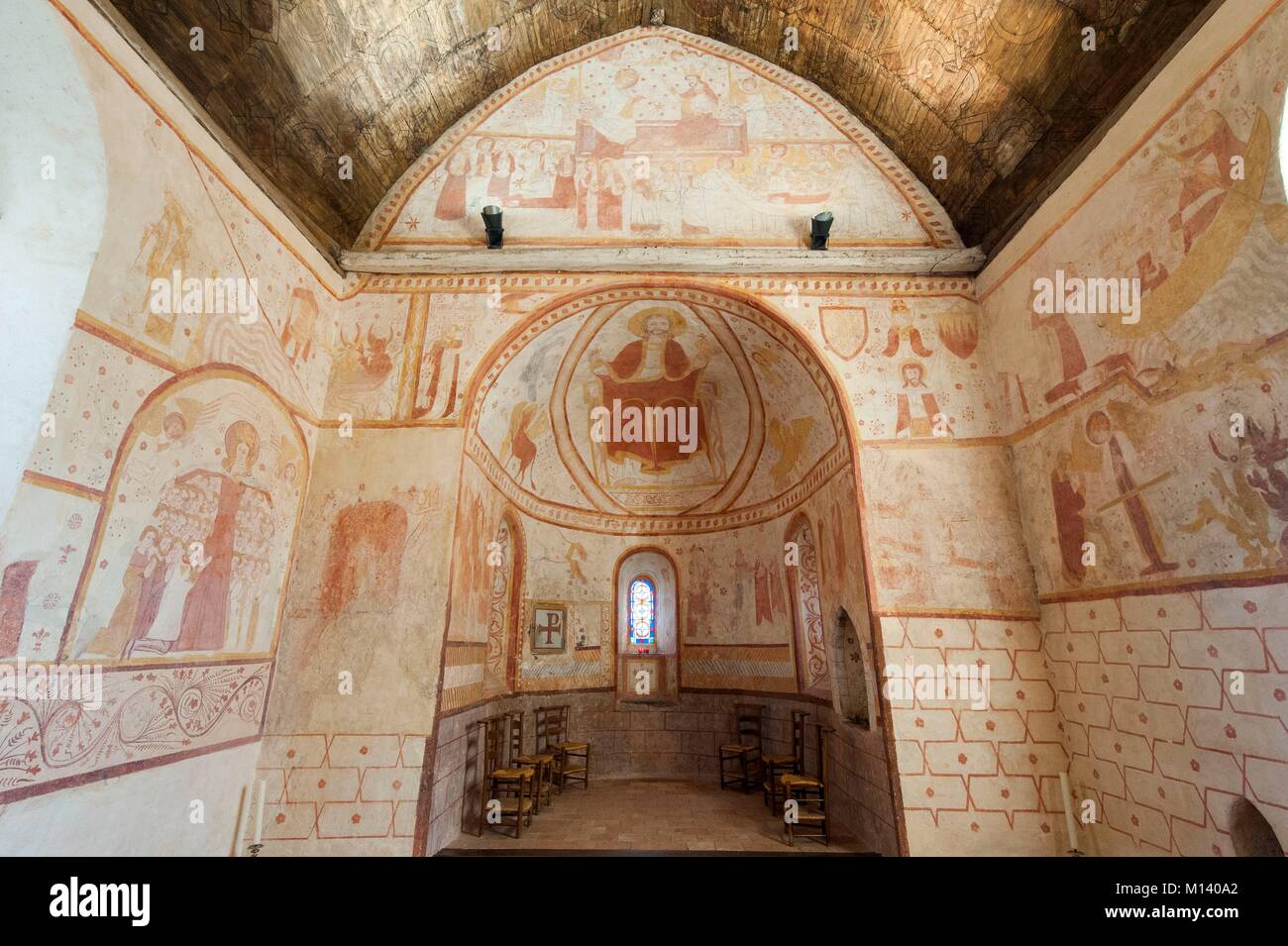 France, Orne, Saint Ceneri le Gerei, labeled the Most Beautiful Villages of France, frescoes of the Romanesque church of Saint Ceneri le Gerei of the 12th and 14th century Stock Photo