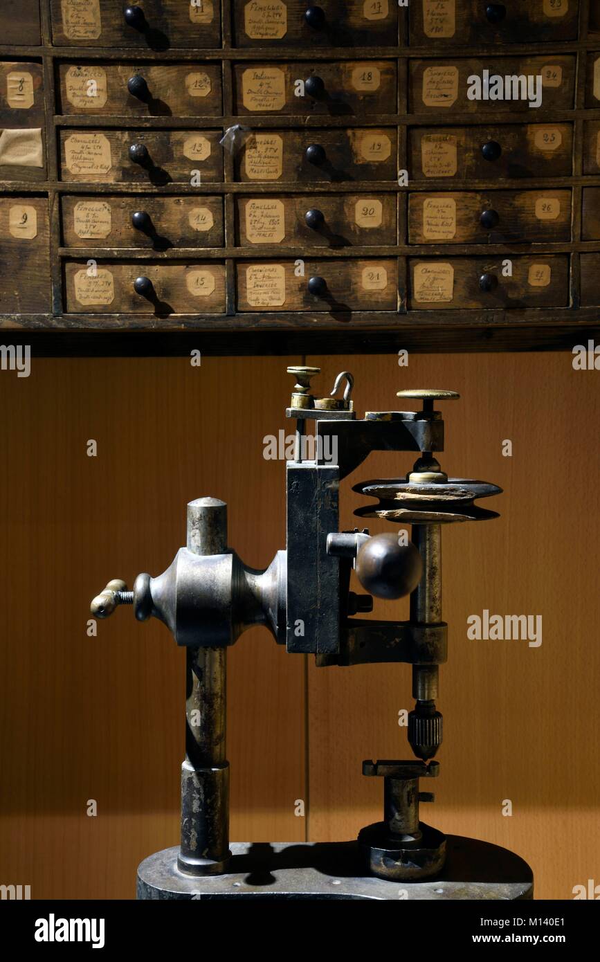 France, Jura, Morez, Place Jean Jaures, museum of the Lunette, drill on  foot dated early 20th century, layette, small furniture spruce drawers for  storage of eyewear or watches Stock Photo - Alamy