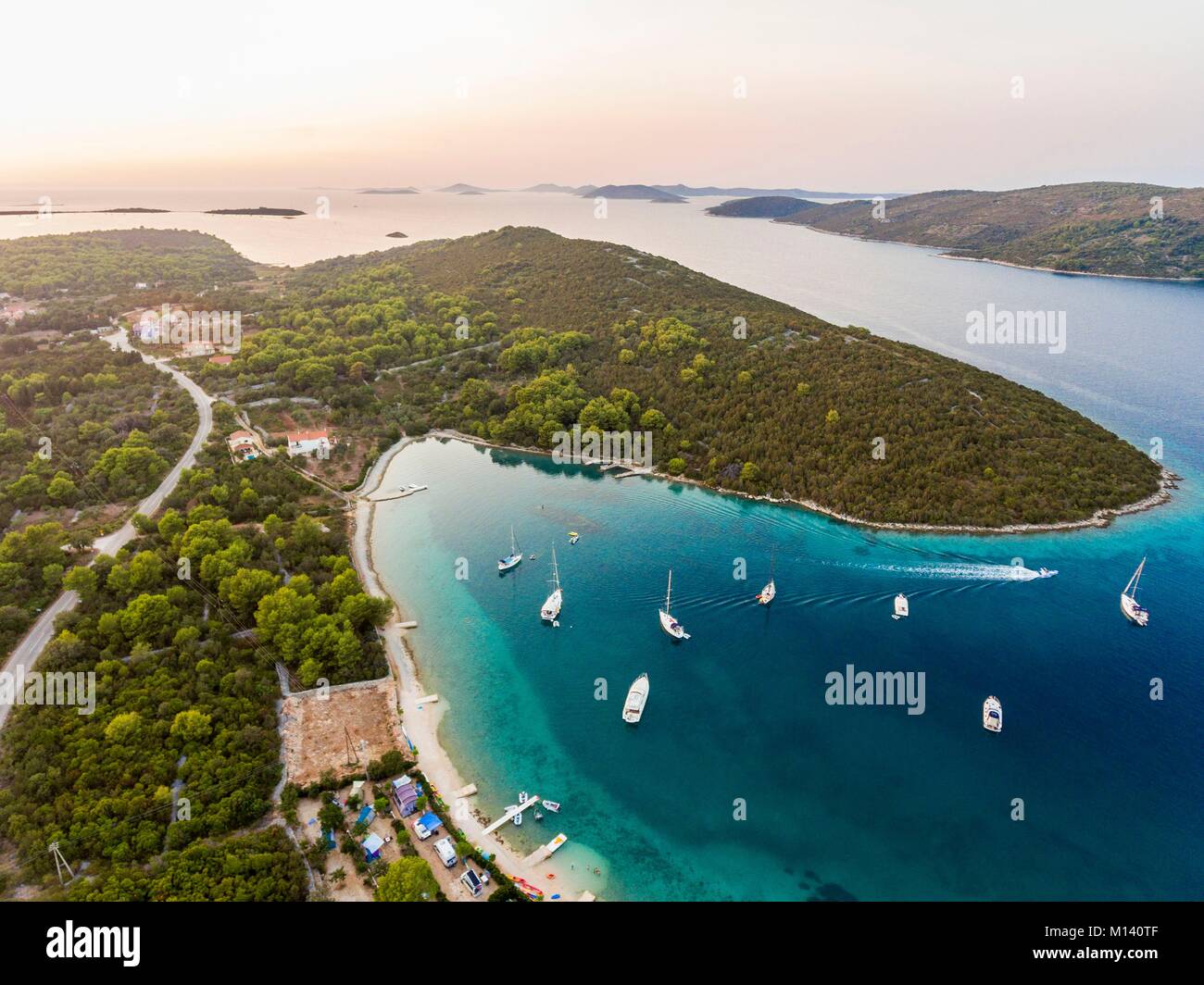 Croatia, North Dalmatia, Dalmatian coast, Zadar archipelago, Dugi Otok Island, camping Verunic (aerial view) Stock Photo