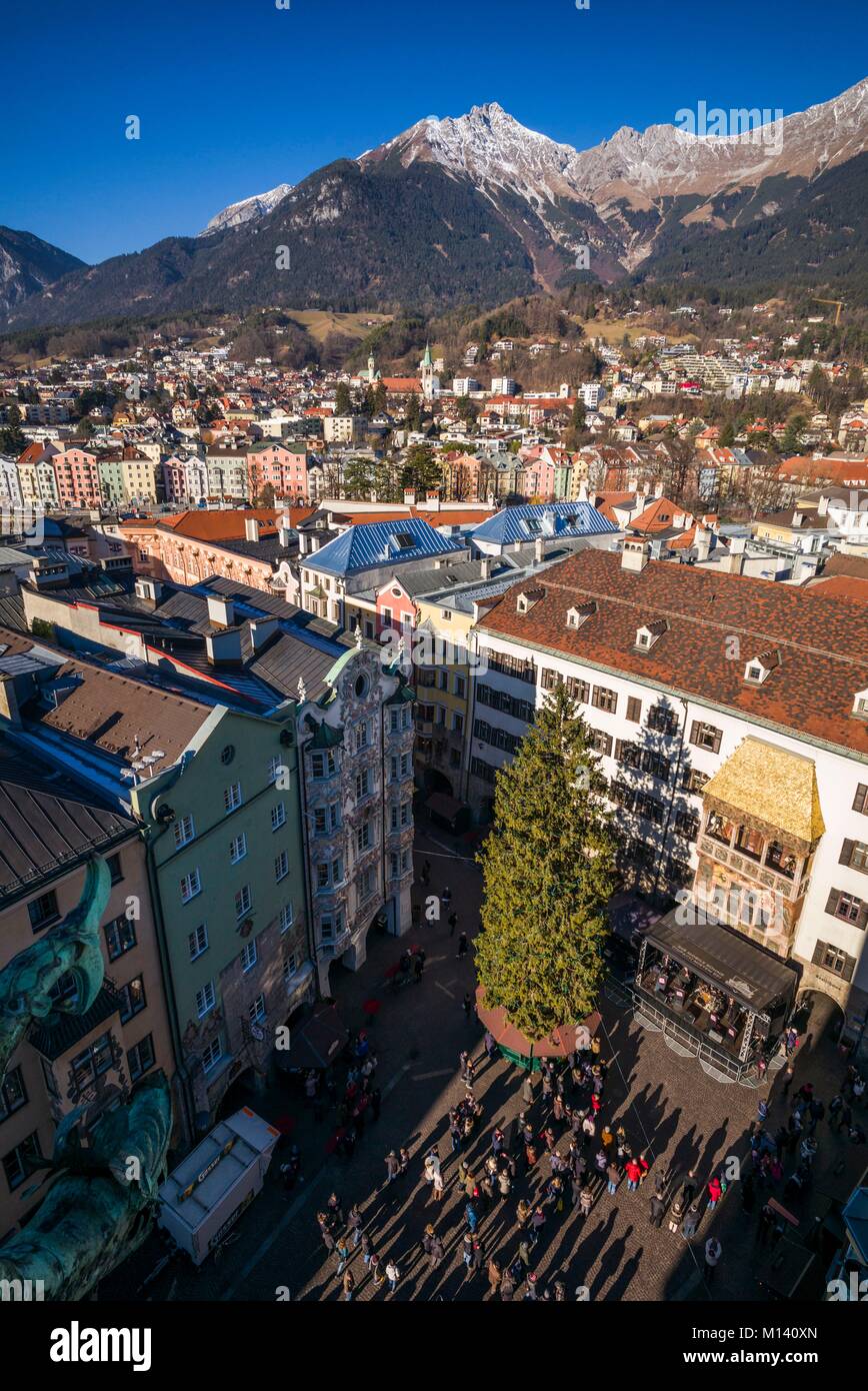Austria, Tyrol, Innsbruck, elevated view of the Golden Roof, Goldenes Dachl, Christmastime Stock Photo