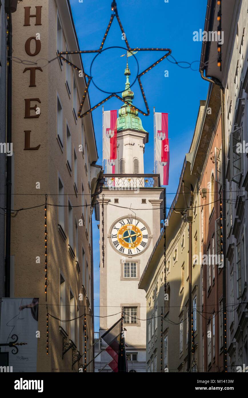 Austria, Salzburgerland, Salzburg, Getreidegasse, Rathaus, town hall clock tower Stock Photo