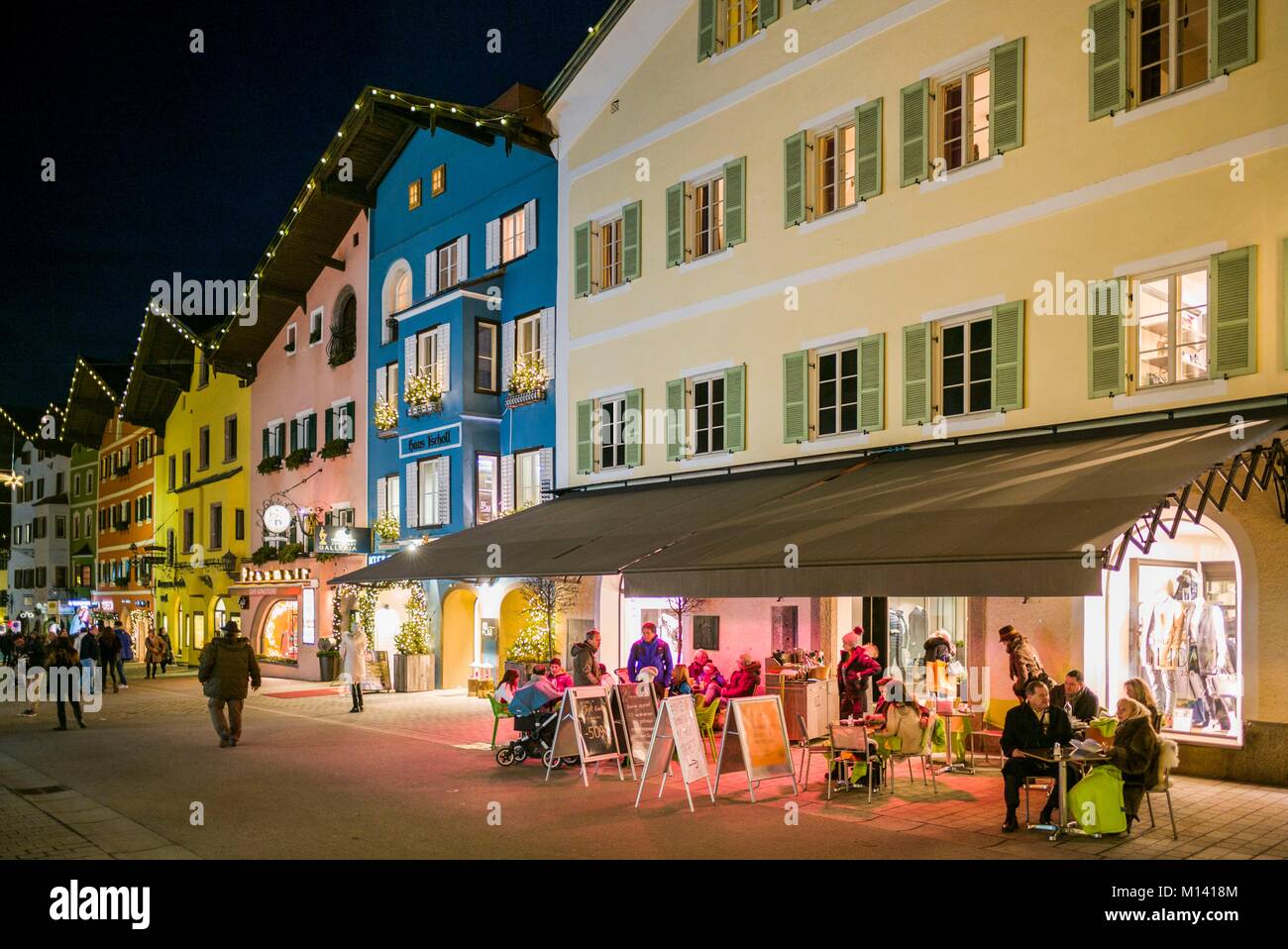 Austria, Tyrol, Kitzbuhel, town center, winter, dusk Stock Photo