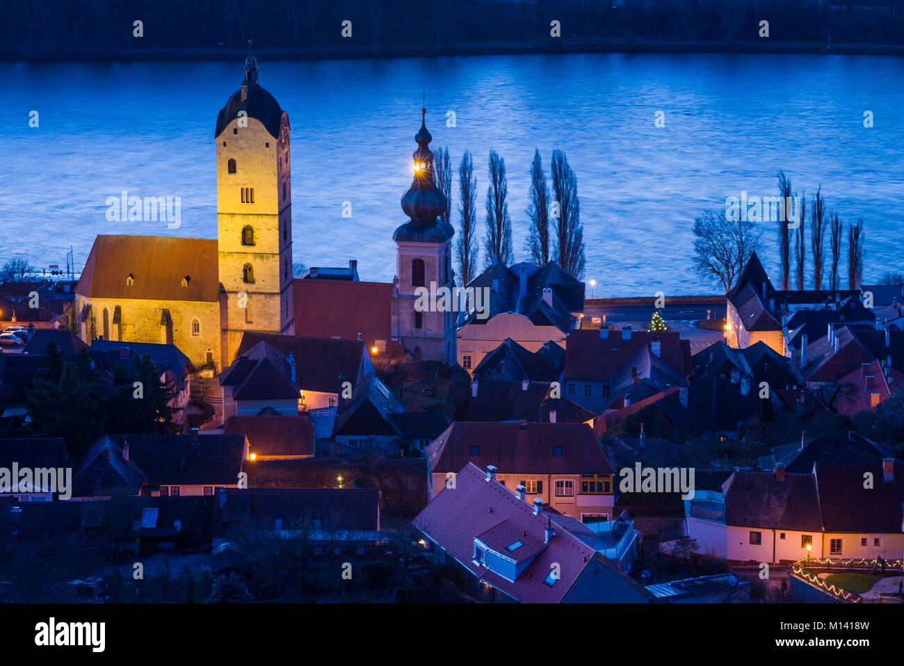 Austria, Lower Austria, Stein an der Donau, elevated view of town and Danube River, dawn Stock Photo