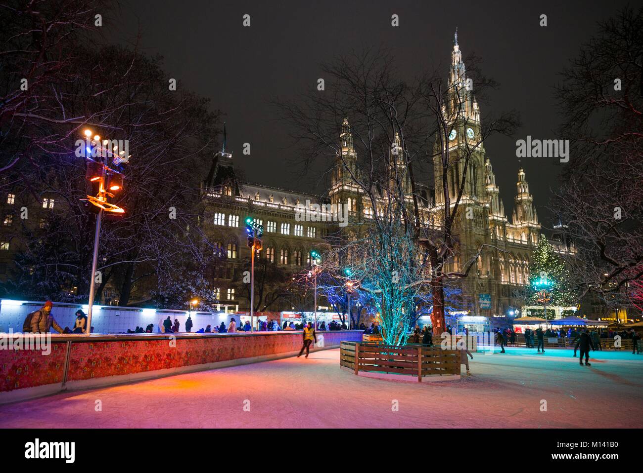 Austria, Vienna, Rathausplatz ice skating rink by Town Hall