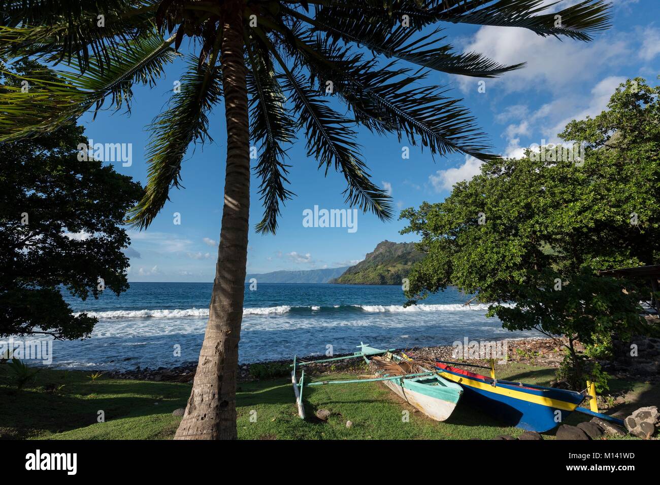 France, French Polynesia, Marquesas archipelago, Tahuata island, Hapatoni, outrigger canoe, beach and coconut tree Stock Photo