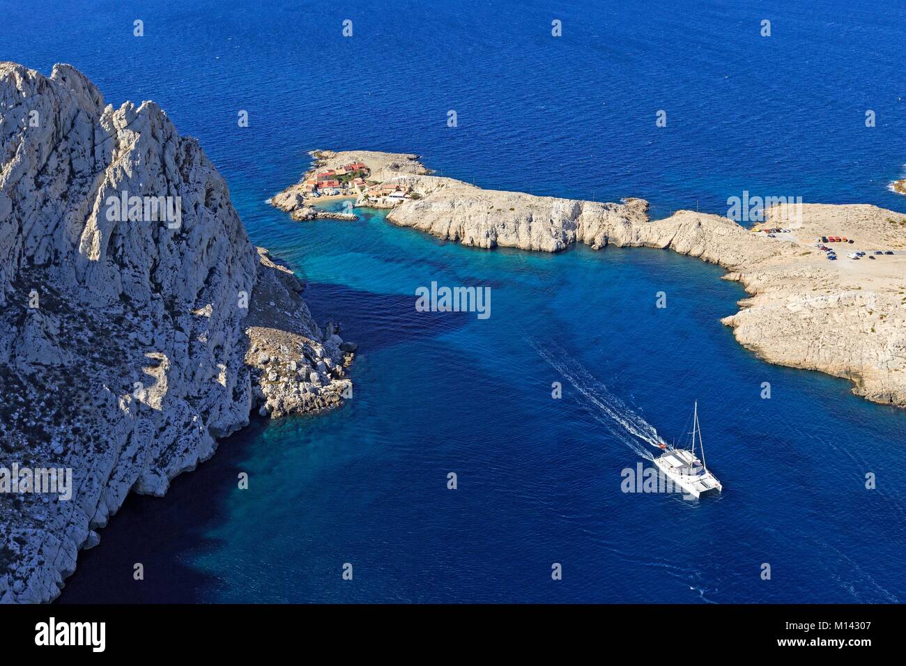 France, Bouches du Rhone, Calanques National Park, Marseille, Cap Croisette, Croisette Pass, Monkey Bay, Maire Island (aerial view) Stock Photo