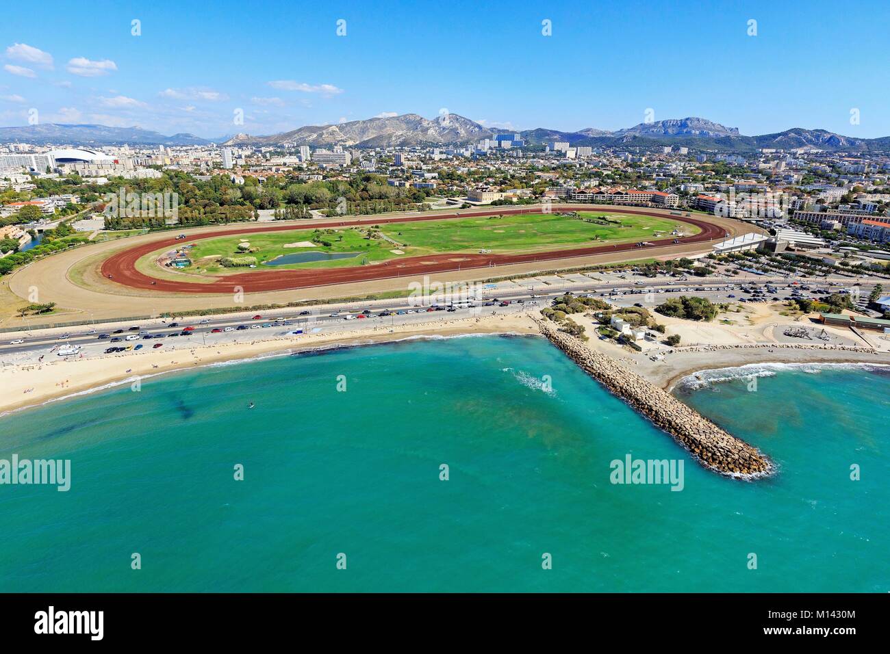 France, Bouches du Rhone, Marseille, Bonneveine district, Borely beach, Hippodrome (aerial view) Stock Photo