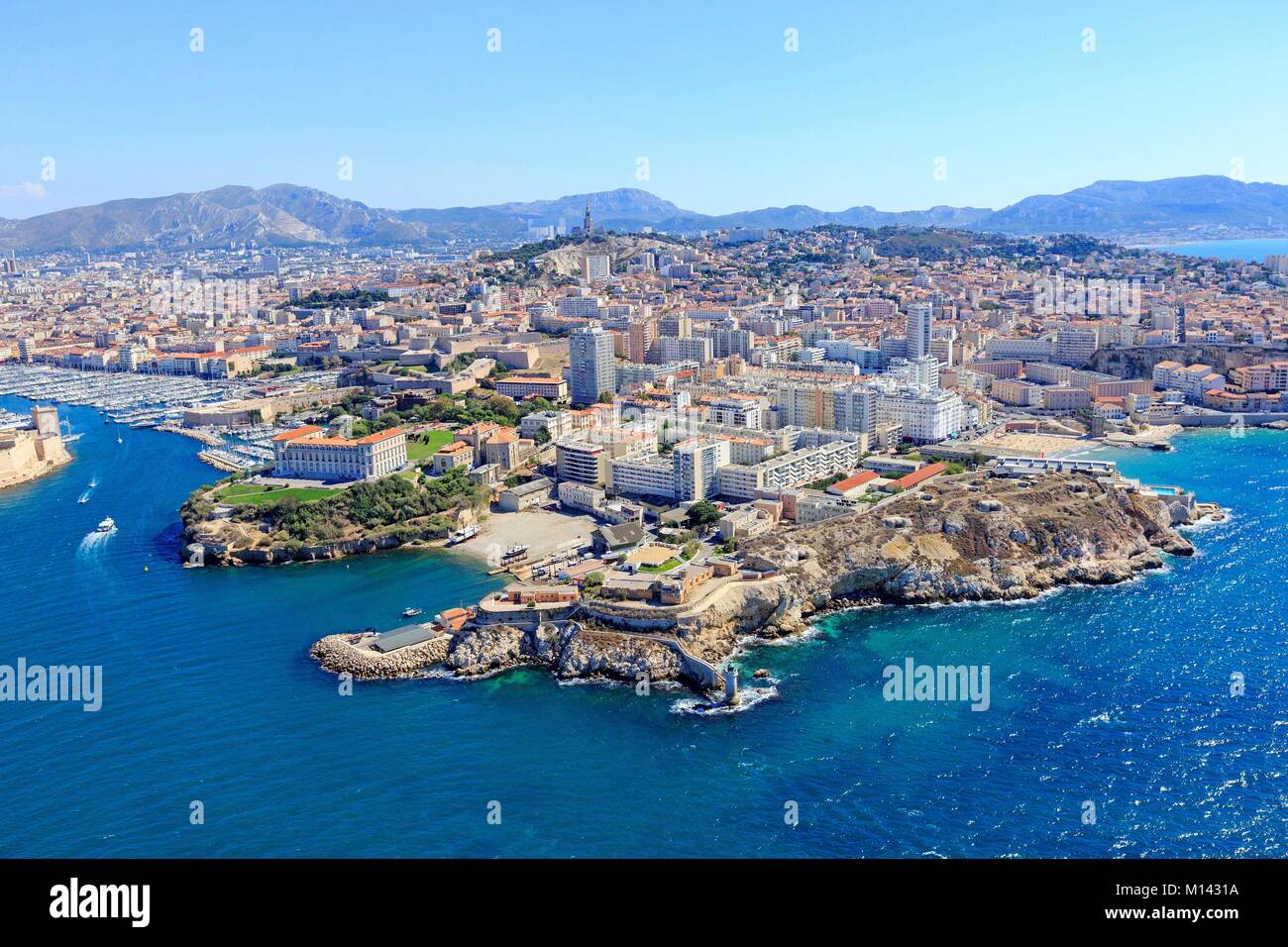 France, Bouches du Rhone, Marseille, Pharo district, Pharo palace and Pharo cove (aerial view) Stock Photo