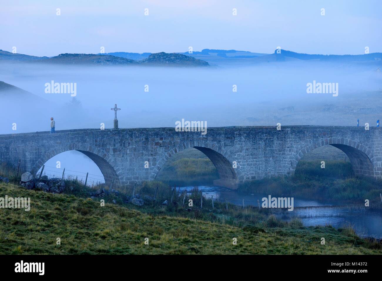 France, Lozere, Aubrac plateau, Marchastel, bridge on Le Bes Stock Photo