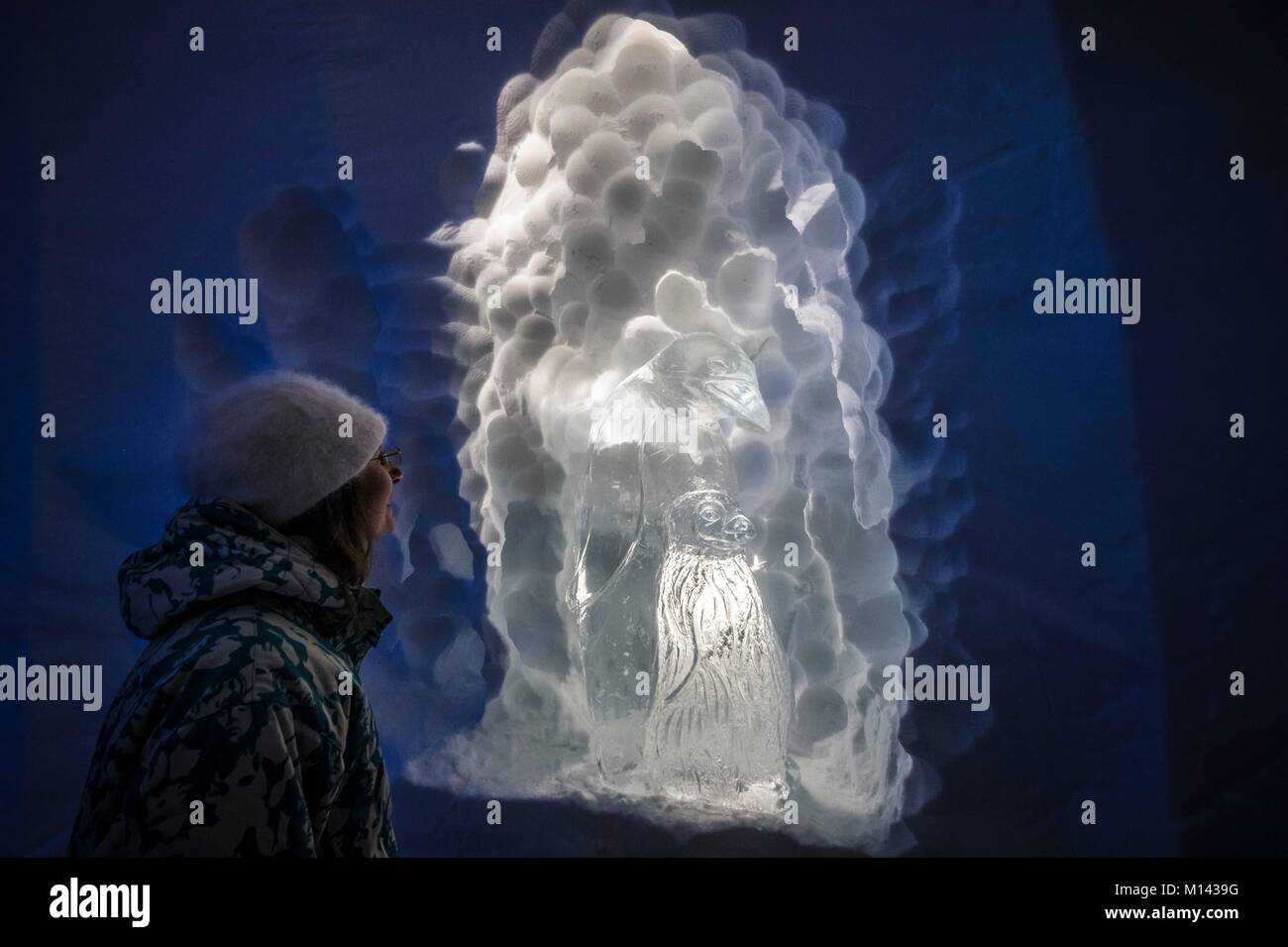 France, Savoie, Tarentaise valley, Vanoise massif, Arcs 2000 ski resort, woman in front of an emperor penguin and its baby carved in a block of ice, gallery of sculptures of the village-igloo, during the winter season 2017-2018 Stock Photo