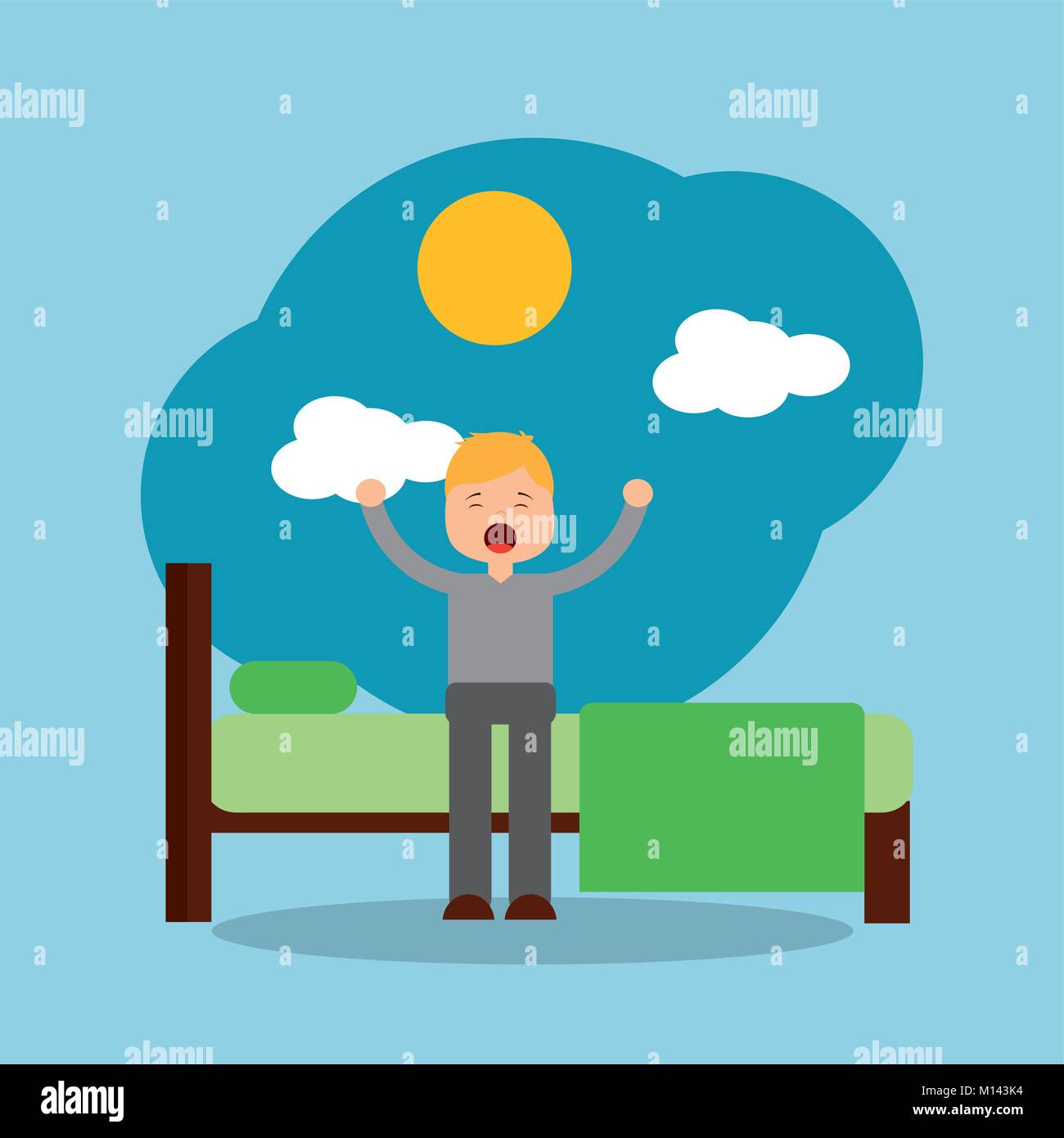man waking up in the morning stretching sitting on his bed sunshine vector illustration Stock Vector