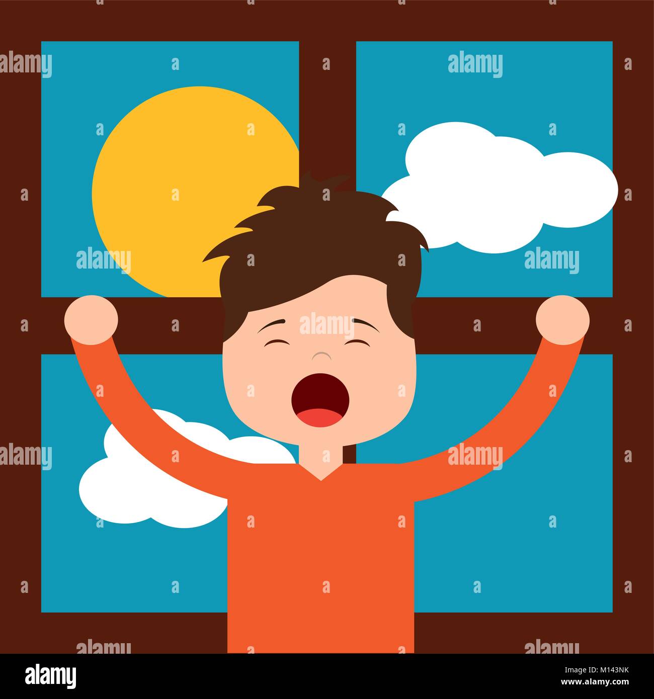 little boy in front morning day stretching window Stock Vector