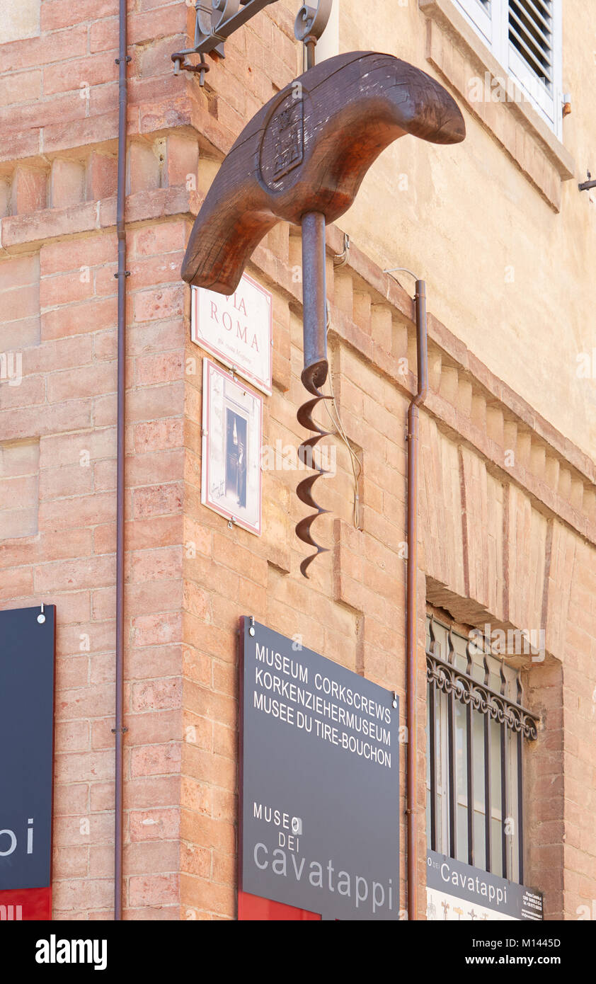 Corkscrew museum sign in a sunny summer day in Barolo, Italy Stock Photo