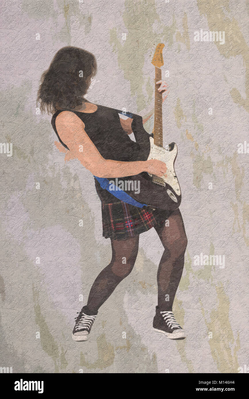 Digitally enhanced image of a Female guitarist playing an electric guitar Stock Photo